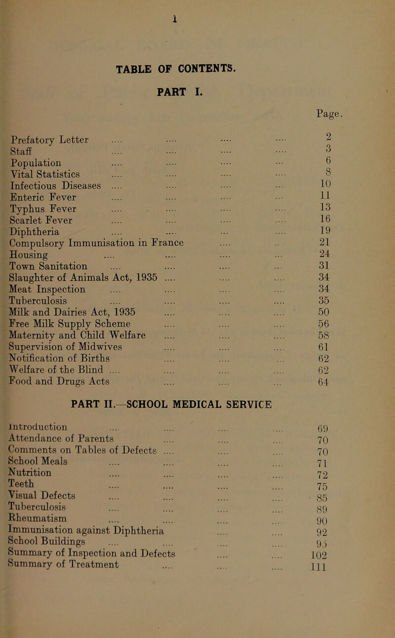 TABLE OF CONTENTS. PART I. Page. Prefatory Letter .... •••• •••• 2 Staff .... .... •••• •••• 3 Population .... .... •••• ••• 3 Vital Statistics Infectious Diseases .... .... ••• 111 Enteric Fever .... ... ••• 11 Typhus Fever .... .... •••• 13 Scarlet Fever .... .... .... ■ 16 Diphtheria .... .... 19 Compulsory Immunisation in France .... 21 Housing 24 Town Sanitation .... .... .... ... 31 Slaughter of Animals Act, 1935 .... .... ... 34 Meat Inspection .... .... .... .... 34 Tuberculosis .... .... .... .... 35 Milk and Dairies Act, 1935 .... .... .... 50 Free Milk Supply Scheme .... .... .... 56 Maternity and Child Welfare .... .... .... 58 Supervision of Midwives .... .... .... 61 Notification of Births .... .... ... 62 Welfare of the Blind .... .... .... ... 62 Food and Drugs Acts .... .... ... 64 PART II,—SCHOOL MEDICAL SERVICE introduction .... .... .... .... 69 Attendance of Parents .... .... ... 70 Comments on Tables of Defects .... .... .... 70 School Meals .... .... .... ... 77 Nutrition .... .... .... ... 72 Teeth .... .... .... 75 Visual Defects .... .... .... .... g5 Tuberculosis .... .... .... g9 Rheumatism .... .... .... 90 Immunisation against Diphtheria .... .... 92 School Buildings .... .... .... 95 Summary of Inspection and Defects .... .... 102 Summary of Treatment .... .... 777