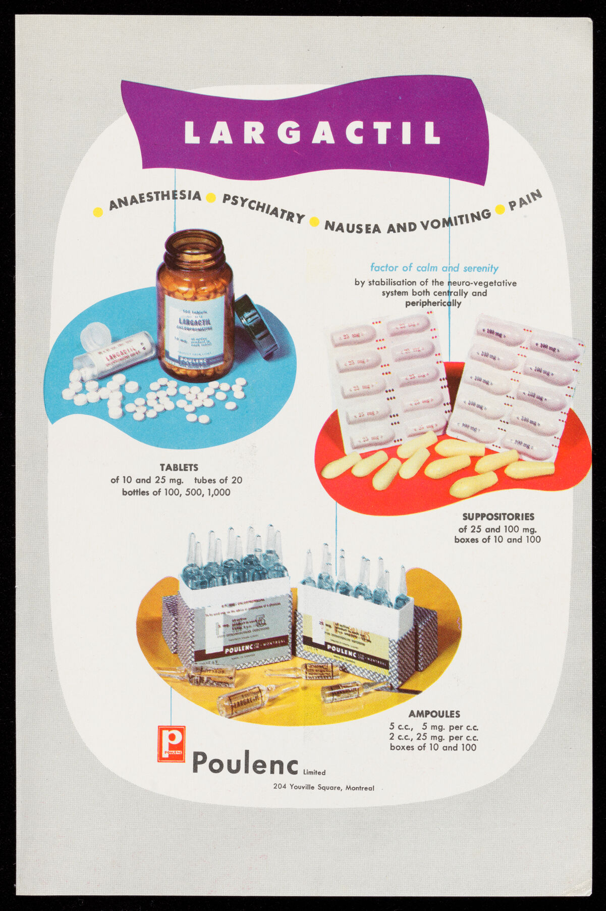 A two-sided colour journal insert advertising Poulenc's Largactil (chlorpromazine) and Phenergan (promethazine) to doctors.