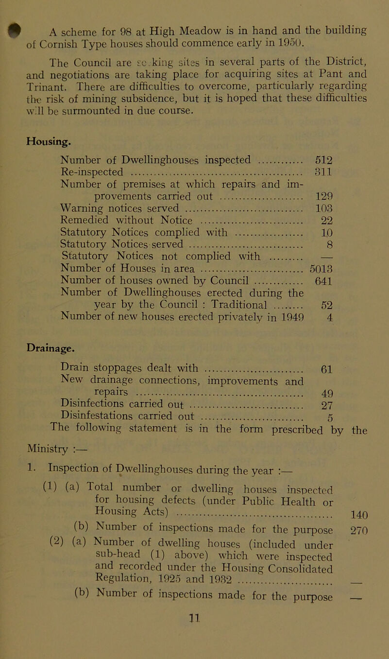 0 A scheme for 98 at High Meadow is in hand and the building of Cornish Type houses should commence early in 1950. The Council are so. king sites in several parts of the District, and negotiations are taking place for acquiring sites at Pant and Trinant. There are difficulties to overcome, particularly regarding the risk of mining subsidence, but it is hoped that these difficulties will be surmounted in due course. Housing. Number of Dwellinghouses inspected 512 Re-inspected 311 Number of premises at which repairs and im- provements carried out 129 Warning notices served 103 Remedied without Notice 22 Statutory Notices complied with 10 Statutory Notices served 8 Statutory Notices not complied with — Number of Houses in area 5013 Number of houses owned by Council 641 Number of Dwellinghouses erected during the year by the Council : Traditional 52 Number of new houses erected privately in 1949 4 Drainage. Drain stoppages dealt with 61 New drainage connections, improvements and repairs 49 Disinfections carried out 27 Disinfestations carried out 5 The following statement is in the form prescribed by the Ministry :— 1. Inspection of Dwellinghouses during the year :— (1) (a) Total number or dwelling houses inspected for housing defects (under Public Health or Housing Acts) 140 (b) Number of inspections made for the purpose 270 (2) (a) Number of dwelling houses (included under sub-head (1) above) which were inspected and recorded under the Housing Consolidated Regulation, 1925 and 1932 (b) Number of inspections made for the purpose