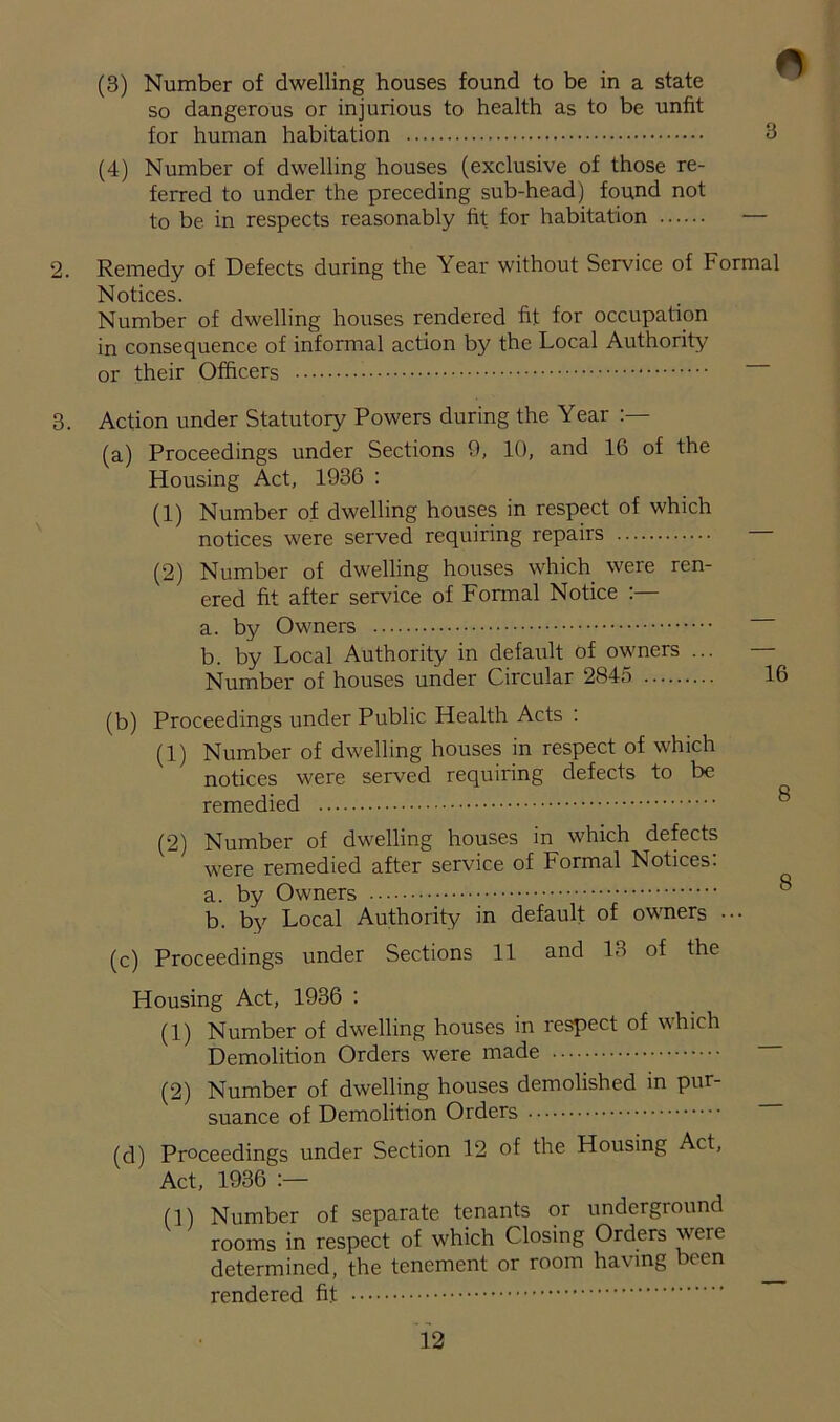 so dangerous or injurious to health as to be unfit for human habitation (4) Number of dwelling houses (exclusive of those re- ferred to under the preceding sub-head) found not to be in respects reasonably fit for habitation 2. Remedy of Defects during the Year without Service of Formal Notices. Number of dwelling houses rendered fit for occupation in consequence of informal action by the Local Authority or their Officers 3. Action under Statutory Powers during the Year (a) Proceedings under Sections 9, 10, and 16 of the Housing Act, 1936 : (1) Number of dwelling houses in respect of which notices were served requiring repairs (2) Number of dwelling houses which were ren- ered fit after service of Formal Notice :— a. by Owners b. by Local Authority in default of owners ... Number of houses under Circular 2845 1C (b) Proceedings under Public Health Acts : (1) Number of dwelling houses in respect of which notices were served requiring defects to be remedied (2) Number of dwelling houses in which defects were remedied after service of Formal Notices: a. by Owners b. by Local Authority in default of owners ... (c) Proceedings under Sections 11 and 13 of the Housing Act, 1936 : (1) Number of dwelling houses in respect of which Demolition Orders were made (2) Number of dwelling houses demolished in pur- suance of Demolition Orders (d) Proceedings under Section 12 of the Housing Act, Act, 1936 :— (1) Number of separate tenants or underground rooms in respect of which Closing Orders were determined, the tenement or room having been rendered fit r 3 12