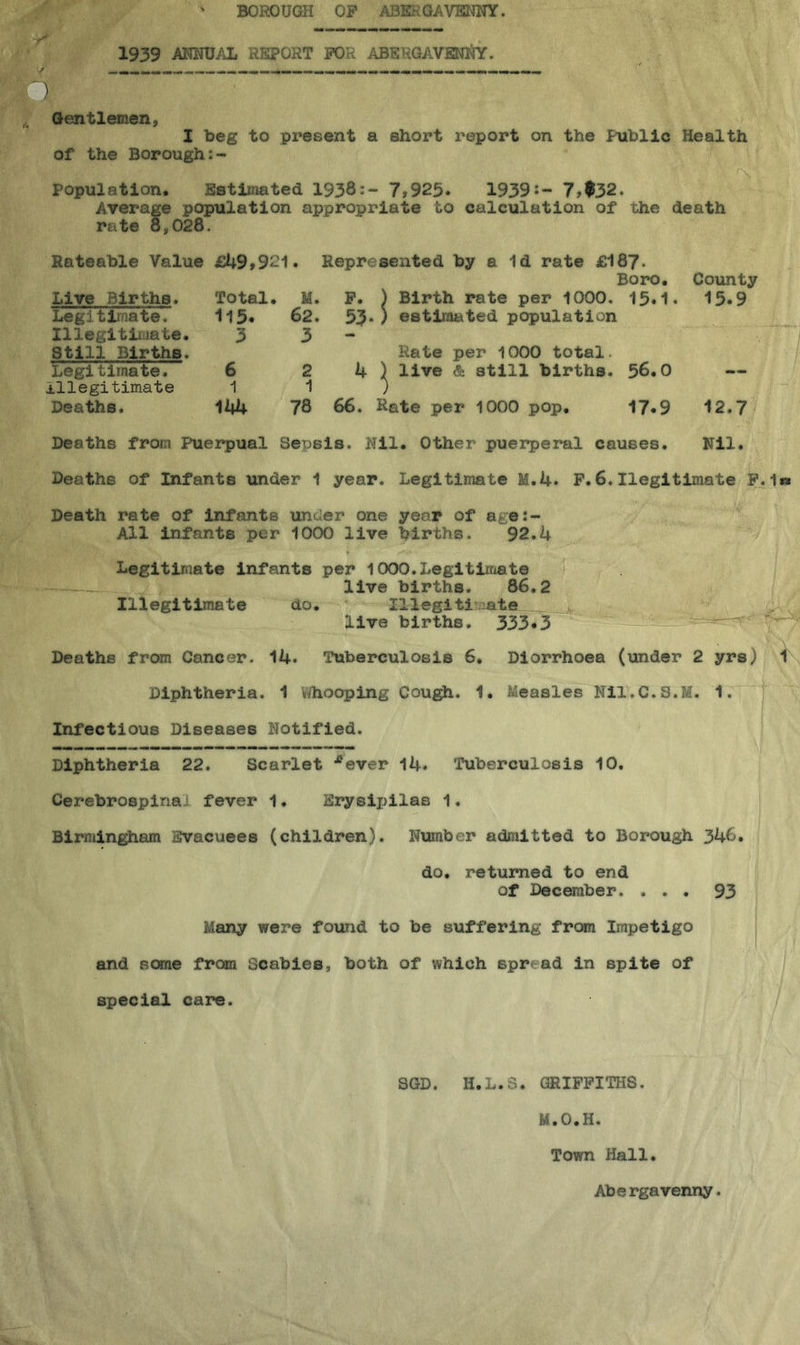 y BOROUGH OF ABERGAVENNY. 1939 ANNUAL REPORT FOR ABERGAVENNY. Gentlemen, I beg to present a short report on the Public Health of the Borough Population. Estimated 1938:- 7,929* 1939:- 7,$32. Average population appropriate to calculation of the death rate o„028. Live Births. Legitimate. Illegitimate. Still Births. 53- ) estimated population Rateable Value £49*921 • Represented by a Id rate ^87- Boro. Total. M. F. ) Birth rate per 1000, 15.1. 115. 62. 53-) 3 3 Rate per 1000 total. 6 24) live & still births. 56.0 1 1 ) 144- 78 66. Rate per 1000 pop. 17.9 County 15.9 Legitimate. Illegitimate Deaths, Deaths from Puerpual Sepsis. Nil. Other puerperal causes. 12.7 Nil. Deaths of Infants under 1 year. Legitimate M.4. F.6.Ilegitimate F.i** Death rate of infants under one year of age:- All infants per 1000 live births, 92,4 Legitimate infants per 1000.Legitimate live births. 86.2 Illegitimate do. Illegitimate live births. 333.3 Deaths from Cancer. 14* Tuberculosis 6. Diorrhoea (under 2 yrs) 1 Diphtheria. 1 Whooping Cough. 1. Measles Nil.C.S.M. 1. Infectious Diseases notified. Diphtheria 22. Scarlet ^ever 14. Tuberculosis 10. Cerebrospinal fever 1. 8rysii>ilas 1. Birmingham Evacuees (children). Number admitted to Borough 346. do, returned to end of December. 93 Many were found to be suffering from Impetigo and some from Scabies, both of which spread in spite of special care. SGD. H.L.3. GRIFFITHS. M.O.H. Town Hall. Abergavenny.
