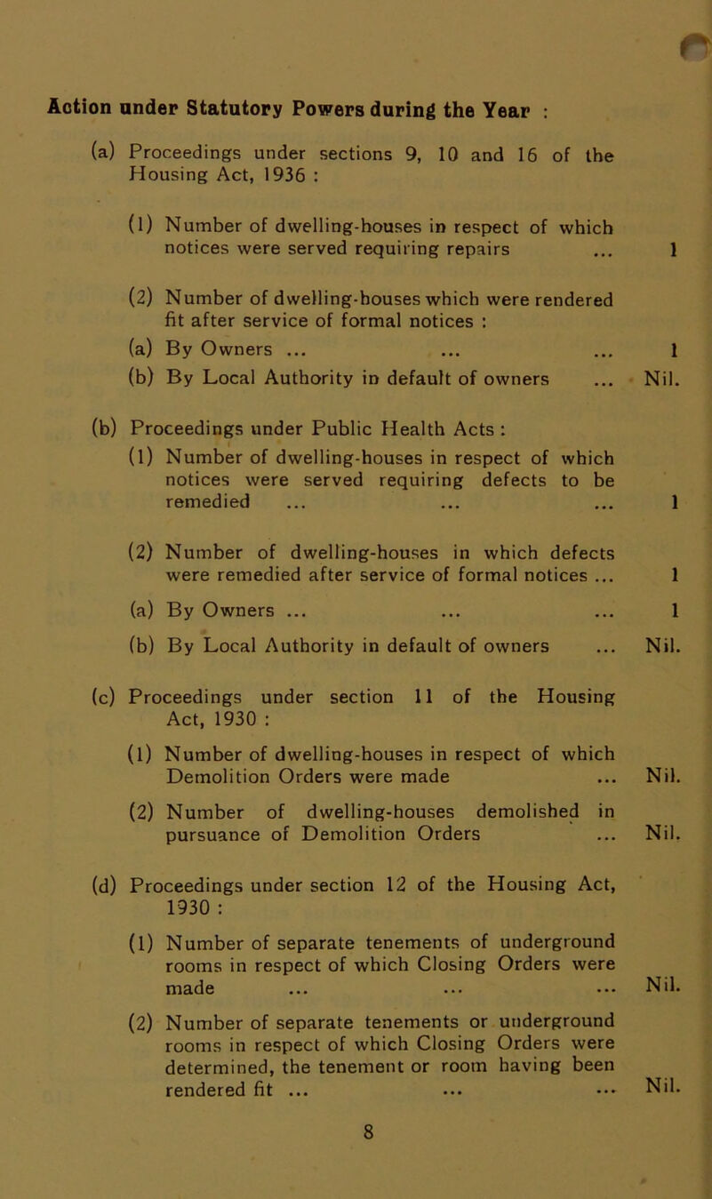 Action nndep Statutory Powers during the Year : (a) Proceedings under sections 9, 10 and 16 of the Housing Act, 1936 : (1) Number of dwelling-houses in respect of which notices were served requiring repairs ... 1 (2) Number of dwelling-houses which were rendered fit after service of formal notices : (a) By Owners ... ... ... 1 (b) By Local Authority in default of owners ... Nil. (b) Proceedings under Public Health Acts : (1) Number of dwelling-houses in respect of which notices were served requiring defects to be remedied ... ... ... 1 (2) Number of dwelling-houses in which defects were remedied after service of formal notices ... 1 (a) By Owners ... ... ... 1 (b) By Local Authority in default of owners ... Nil. (c) Proceedings under section 11 of the Housing Act, 1930 : (1) Number of dwelling-houses in respect of which Demolition Orders were made ... Nil. (2) Number of dwelling-houses demolished in pursuance of Demolition Orders ... Nil. (d) Proceedings under section 12 of the Housing Act, 1930 : (1) Number of separate tenements of underground rooms in respect of which Closing Orders were made ... ... • •• Nil. (2) Number of separate tenements or underground rooms in respect of which Closing Orders were determined, the tenement or room having been rendered fit ... ... Nil.