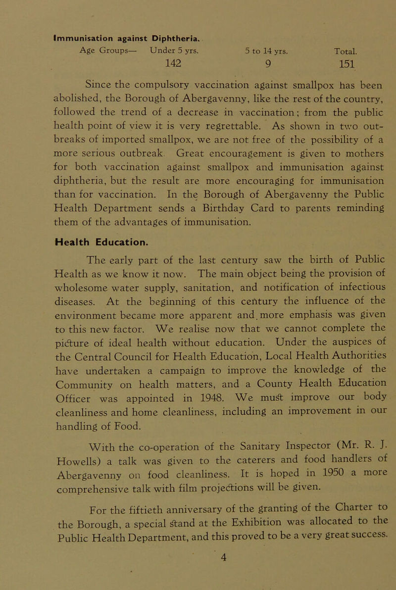 Immunisation against Diphtheria. Age Groups— Under 5 yrs. 5 to 14 yrs. Total. 142 9 151 Since the compulsory vaccination against smallpox has been abolished, the Borough of Abergavenny, like the rest of the country, followed the trend of a decrease in vaccination; from the public health point of view it is very regrettable. As shown in two out- breaks of imported smallpox, we are not free of the possibility of a more serious outbreak. Great encouragement is given to mothers for both vaccination against smallpox and immunisation against diphtheria, but the result are more encouraging for immunisation than for vaccination. In the Borough of Abergavenny the Public Health Department sends a Birthday Card to parents reminding them of the advantages of immunisation. Health Education. The early part of the last century saw the birth of Public Health as we know it now. The main object being the provision of wholesome water supply, sanitation, and notification of infectious diseases. At the beginning of this century the influence of the environment became more apparent and.more emphasis was given to this new factor. We realise now that we cannot complete the picture of ideal health without education. Under the auspices of the Central Council for Health Education, Local Health Authorities have undertaken a campaign to improve the knowledge of the Community on health matters, and a County Health Education Officer was appointed in 1948. WE muCt improve our body cleanliness and home cleanliness, including an improvement in our handling of Food. With the co-operation of the Sanitary Inspector (Mr. R. J. Howells) a talk was given to the caterers and food handlers of Abergavenny on food cleanliness. It is hoped in 1950 a more comprehensive talk with film projections will be given. For the fiftieth anniversary of the granting of the Charter to the Borough, a special &and at the Exhibition was allocated to the Public Health Department, and this proved to be a very great success.