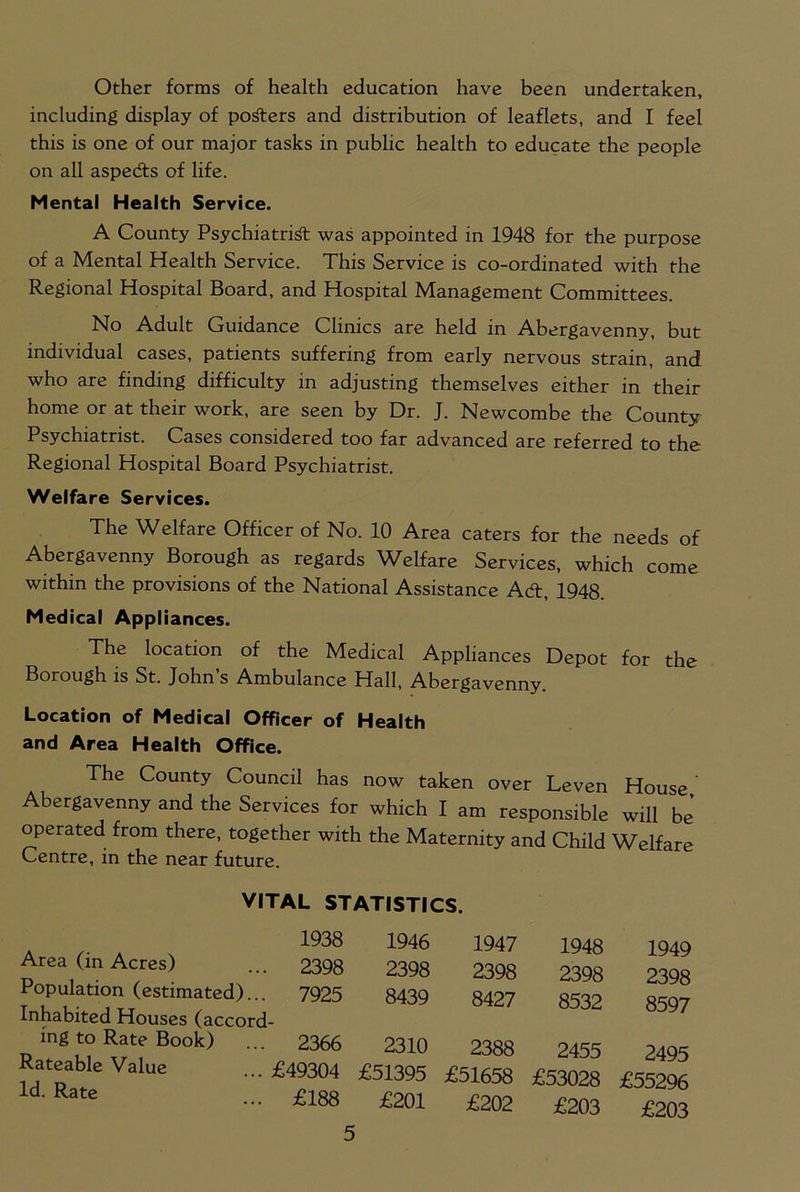 Other forms of health education have been undertaken, including display of powers and distribution of leaflets, and I feel this is one of our major tasks in public health to educate the people on all aspedfs of life. Mental Health Service. A County Psychiatrist was appointed in 1948 for the purpose of a Mental Health Service. This Service is co-ordinated with the Regional Hospital Board, and Hospital Management Committees. No Adult Guidance Clinics are held in Abergavenny, but individual cases, patients suffering from early nervous strain, and who are finding difficulty in adjusting themselves either in their home or at their work, are seen by Dr. J. Newcombe the County Psychiatrist. Cases considered too far advanced are referred to the Regional Hospital Board Psychiatrist. Welfare Services. The Welfare Officer of No. 10 Area caters for the needs of Abergavenny Borough as regards Welfare Services, which come within the provisions of the National Assistance Ad!, 1948. Medical Appliances. The location of the Medical Appliances Depot for the Borough is St. John’s Ambulance Hall, Abergavenny. Location of Medical Officer of Health and Area Health Office. The County Council has now taken over Leven House Abergavenny and the Services for which I am responsible will be’ operated from there, together with the Maternity and Child Welfare Centre, in the near future. VITAL STATISTICS. Area (in Acres) Population (estimated)... Inhabited Houses (accord- 1938 2398 7925 1946 2398 8439 1947 2398 8427 1948 2398 8532 1949 2398 8597 ing to Rate Book) 2366 2310 2388 2455 2495 Rateable Value Id. Rate £49304 £51395 £51658 £53028 £55296 £188 5 £201 £202 £203 £203