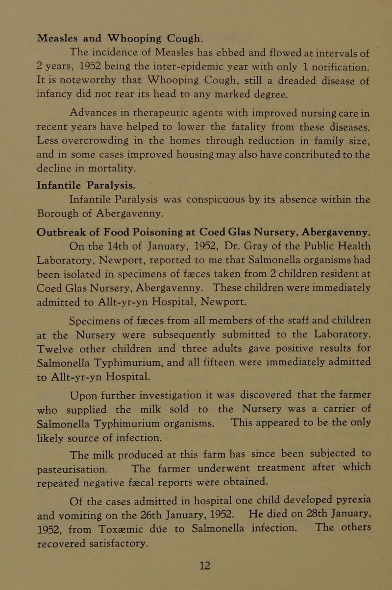 Measles and Whooping Cough. The incidence of Measles has ebbed and flowed at intervals of 2 years, 1952 being the inter-epidemic year with only 1 notification. It is noteworthy that Whooping Cough, still a dreaded disease of infancy did not rear its head to any marked degree. Advances in therapeutic agents with improved nursing care in recent years have helped to lower the fatality from these diseases. Less overcrowding in the homes through reduction in family size, and in some cases improved housing may also have contributed to the decline in mortality. Infantile Paralysis. Infantile Paralysis was conspicuous by its absence within the Borough of Abergavenny. Outbreak of Food Poisoning at Coed Glas Nursery, Abergavenny. On the 14th of January, 1952, Dr. Gray of the Public Health Laboratory, Newport, reported to me that Salmonella organisms had been isolated in specimens of faeces taken from 2 children resident at Coed Glas Nursery, Abergavenny. These children were immediately admitted to Allt-yr-yn Hospital, Newport. Specimens of faeces from all members of the staff and children at the Nursery were subsequently submitted to the Laboratory. Twelve other children and three adults gave positive results for Salmonella Typhimurium, and all fifteen were immediately admitted to Allt-yr-yn Hospital. Upon further investigation it was discovered that the farmer who supplied the milk sold to the Nursery was a carrier of Salmonella Typhimurium organisms. This appeared to be the only likely source of infection. The milk produced at this farm has since been subjected to pasteurisation. The farmer underwent treatment after which repeated negative faecal reports were obtained. Of the cases admitted in hospital one child developed pyrexia and vomiting on the 26th January, 1952. He died on 28th January, 1952, from Toxaemic due to Salmonella infection. The others recovered satisfactory.
