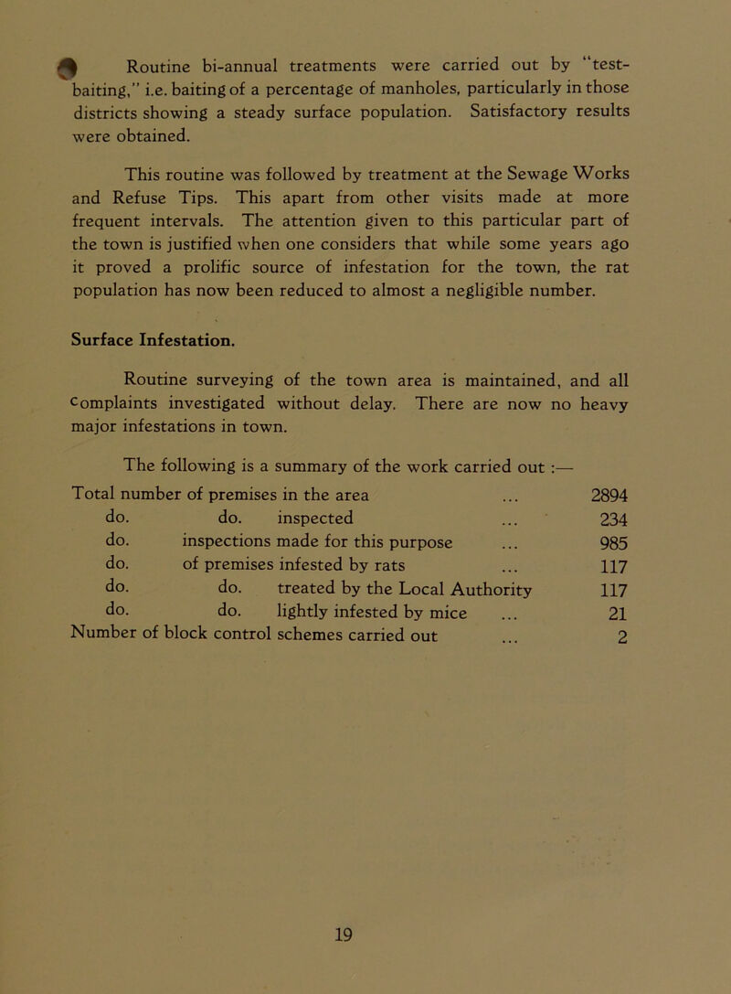 4 Routine bi-annual treatments were carried out by “test- baiting,” i.e. baiting of a percentage of manholes, particularly in those districts showing a steady surface population. Satisfactory results were obtained. This routine was followed by treatment at the Sewage Works and Refuse Tips. This apart from other visits made at more frequent intervals. The attention given to this particular part of the town is justified when one considers that while some years ago it proved a prolific source of infestation for the town, the rat population has now been reduced to almost a negligible number. Surface Infestation. Routine surveying of the town area is maintained, and all Complaints investigated without delay. There are now no heavy major infestations in town. The following is a summary of the work carried out :— Total number of premises in the area ... 2894 do. do. inspected ... 234 do. inspections made for this purpose ... 985 do. of premises infested by rats ... 117 do. do. treated by the Local Authority 117 do. do. lightly infested by mice ... 21 Number of block control schemes carried out ... 2