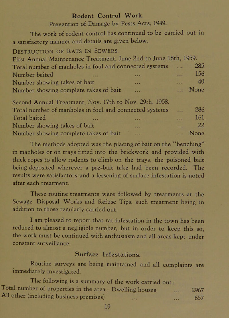Rodent Control Work. Prevention of Damage by Pests Acts, 1949. The work of rodent control has continued to be carried out in a satisfactory manner and details are given below. Destruction of Rats in Sewers. First Annual Maintenance Treatment, June 2nd to June 18th, 1959. Total number of manholes in foul and connected systems ... 285 Number baited ... ... ••• 156 Number showing takes of bait ... ... 40 Number showing complete takes of bait ... ... None Second Annual Treatment, Nov. 17th to Nov. 29th, 1958. Total number of manholes in foul and connected systems ... 286 Total baited ... ... ... 161 Number showing takes of bait ... ... 22 Number showing complete takes of bait ... ... None The methods adopted was the placing of bait on the “benching” in manholes or on trays fitted into the brickwork and provided with thick ropes to allow rodents to climb on the trays, the poisoned bait being deposited wherever a pre-bait take had been recorded. The results were satisfactory and a lessening of surface infestation is noted after each treatment. These routine treatments were followed by treatments at the Sewage Disposal Works and Refuse Tips, such treatment being in addition to those regularly carried out. I am pleased to report that rat infestation in the town has been reduced to almost a negligible number, but in order to keep this so, the work must be continued with enthusiasm and all areas kept under constant surveillance. Surface Infestations. Routine surveys are being maintained and all complaints are immediately investigated. The following is a summary of the work carried out: Total number of properties in the area - Dwelling houses ... 2967 All other (including business premises) ... 657