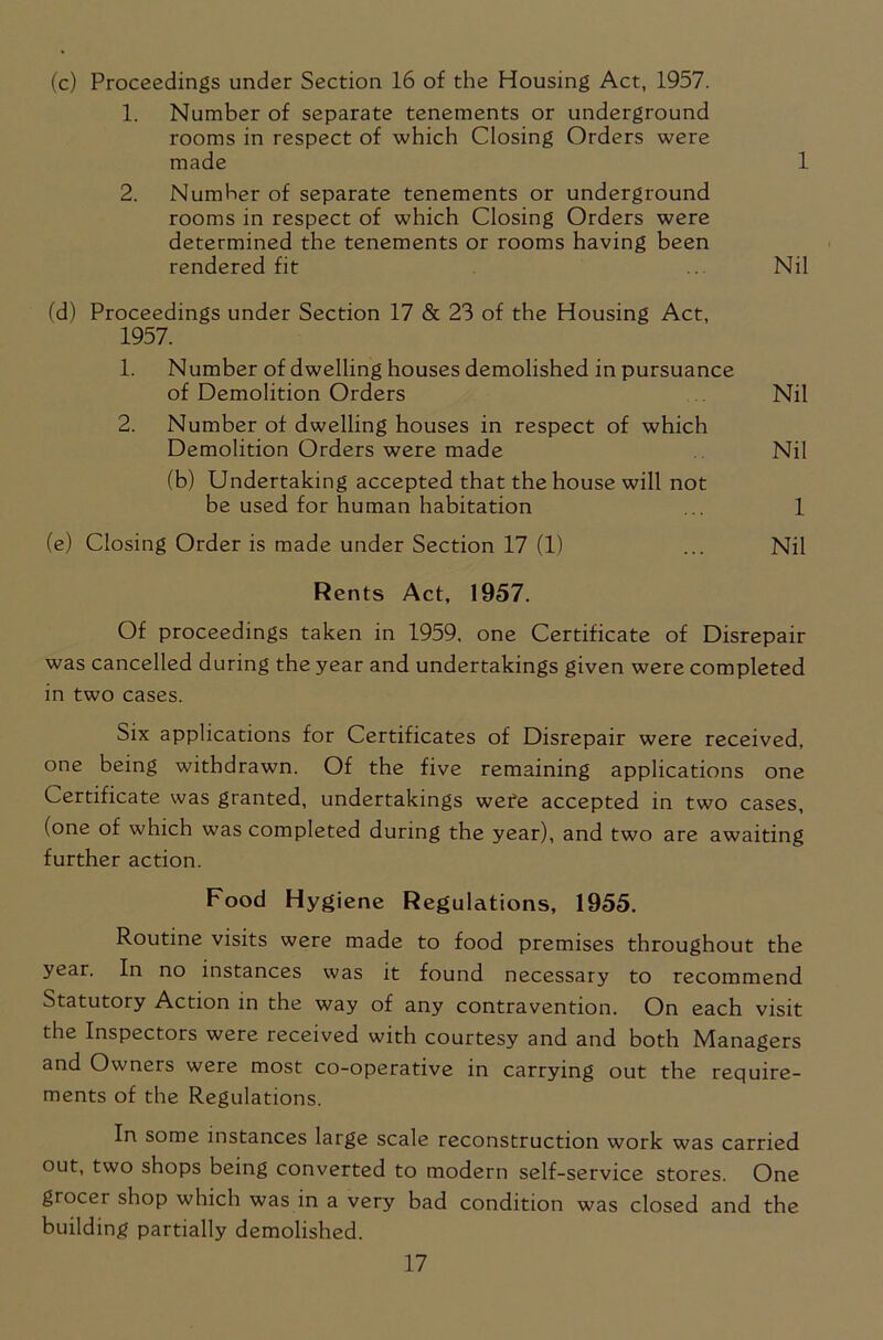 (c) Proceedings under Section 16 of the Housing Act, 1957. 1. Number of separate tenements or underground rooms in respect of which Closing Orders were made 1 2. Number of separate tenements or underground rooms in respect of which Closing Orders were determined the tenements or rooms having been rendered fit Nil (d) Proceedings under Section 17 & 23 of the Housing Act, 1957. 1. Number of dwelling houses demolished in pursuance of Demolition Orders Nil 2. Number of dwelling houses in respect of which Demolition Orders were made Nil (b) Undertaking accepted that the house will not be used for human habitation ... 1 (e) Closing Order is made under Section 17 (1) ... Nil Rents Act, 1957. Of proceedings taken in 1959, one Certificate of Disrepair was cancelled during the year and undertakings given were completed in two cases. Six applications for Certificates of Disrepair were received, one being withdrawn. Of the five remaining applications one Certificate was granted, undertakings wefe accepted in two cases, (one of which was completed during the year), and two are awaiting further action. Food Hygiene Regulations, 1955. Routine visits were made to food premises throughout the year. In no instances was it found necessary to recommend Statutory Action in the way of any contravention. On each visit the Inspectors were received with courtesy and and both Managers and Owners were most co-operative in carrying out the require- ments of the Regulations. In some instances large scale reconstruction work was carried out, two shops being converted to modern self-service stores. One grocei shop which was in a very bad condition was closed and the building partially demolished.