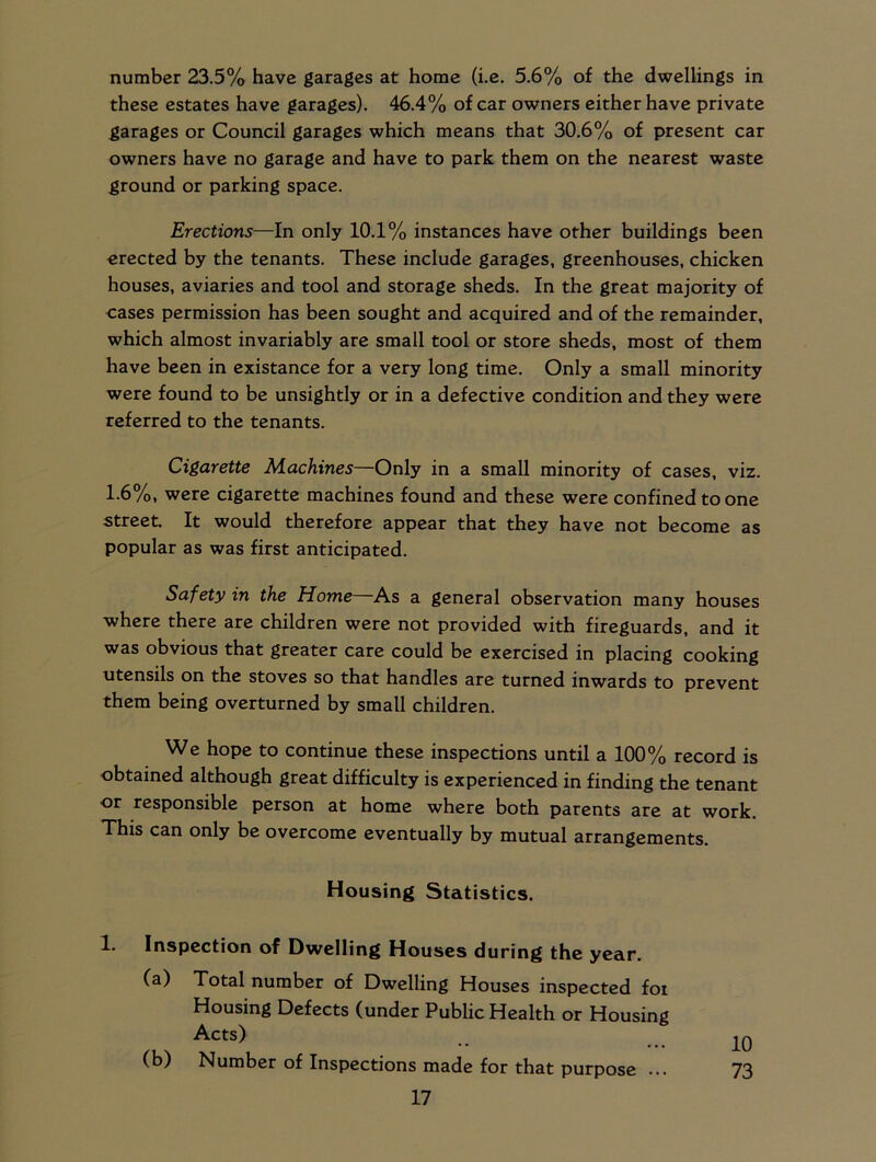 number 23.5% have garages at home (i.e. 5.6% of the dwellings in these estates have garages). 46.4% of car owners either have private garages or Council garages which means that 30.6% of present car owners have no garage and have to park them on the nearest waste ground or parking space. Erections—In only 10.1% instances have other buildings been erected by the tenants. These include garages, greenhouses, chicken houses, aviaries and tool and storage sheds. In the great majority of cases permission has been sought and acquired and of the remainder, which almost invariably are small tool or store sheds, most of them have been in existance for a very long time. Only a small minority were found to be unsightly or in a defective condition and they were referred to the tenants. Cigarette Machines—Only in a small minority of cases, viz. 1.6%, were cigarette machines found and these were confined to one street. It would therefore appear that they have not become as popular as was first anticipated. Safety in the Home As a general observation many houses where there are children were not provided with fireguards, and it was obvious that greater care could be exercised in placing cooking utensils on the stoves so that handles are turned inwards to prevent them being overturned by small children. We hope to continue these inspections until a 100% record is obtained although great difficulty is experienced in finding the tenant or responsible person at home where both parents are at work. This can only be overcome eventually by mutual arrangements. Housing Statistics. 1. Inspection of Dwelling Houses during the year. (a) Total number of Dwelling Houses inspected for Housing Defects (under Public Health or Housing Acts) • • • • • (b) Number of Inspections made for that purpose ...