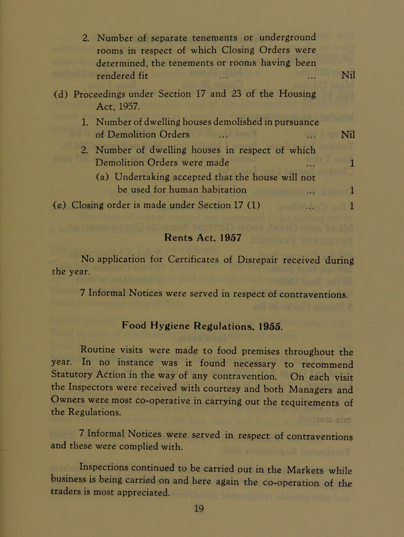 2. Number of separate tenements or underground rooms in respect of which Closing Orders were determined, the tenements or rooms having been rendered fit ... ... Nil <d) Proceedings under Section 17 and 23 of the Housing Act, 1957. 1. Number of dwelling houses demolished in pursuance of Demolition Orders ... ... Nil 2. Number of dwelling houses in respect of which Demolition Orders were made ... 1 (a) Undertaking accepted that the house will not be used for human habitation ... 1 (e) Closing order is made under Section 17 (1) ... 1 Rents Act, 1957 No application for Certificates of Disrepair received during the year. 7 Informal Notices were served in respect of contraventions. Food Hygiene Regulations, 1955. Routine visits were made to food premises throughout the year. In no instance was it found necessary to recommend Statutory Action in the way of any contravention. On each visit the Inspectors were received with courtesy and both Managers and Owners were most co-operative in carrying out the requirements of the Regulations. 7 Informal Notices were served in respect of contraventions and these were complied with. Inspections continued to be carried out in the Markets while business is being carried on and here again the co-operation of the traders is most appreciated.