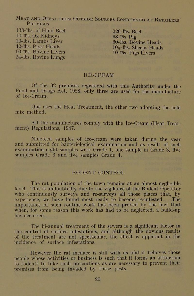Meat and Offal from Outside Sources Condemned at Retailers’ Premises 138-lbs. of Hind Beef 10-lbs. Ox Kidneys 10-lbs. Lambs Liver 42-ibs. Pigs’ Heads 60-lbs. Bovine Livers 24-lbs. Bovine Lungs 226-lbs. Beef 68-lbs. Pig 60-lbs. Bovine Heads 10|-lbs. Sheeps Heads 10-lbs. Pigs Livers ICE-CREAM Of the 32 premises registered with this Authority under the Food and Drugs Act, 1958, only three are used for the manufacture of Ice-Cream. One uses the Heat Treatment, the other two adopting the cold mix method. All the manufactures comply with the Ice-Cream (Heat Treat- ment) Regulations, 1947. Nineteen samples of ice-cream were taken during the year and submitted for bacteriological examination and as result of such examination eight samples were Grade 1, one sample in Grade 3, five samples Grade 3 and five samples Grade 4. RODENT CONTROL The rat population of the town remains at an almost negligible level. This is undoubtedly due to the vigilance of the Rodent Operator who continuously surveys and re-surveys all those places that, by experience, we have found most ready to become re-infested. The importance of such routine work has been proved by the fact that when, for some reason this work has had to be neglected, a build-up has occurred. The bi-annual treatment of the sewers is a significant factor in the control of surface infestations, and although the obvious results of the treatment are not spectacular, the effect is apparent in the incidence of surface infestations. However the rat menace is still with us and it behoves those people whose activities or business is such that it forms an attraction to rodents to take such precautions as are necessary to prevent their premises from being invaded by these pests.