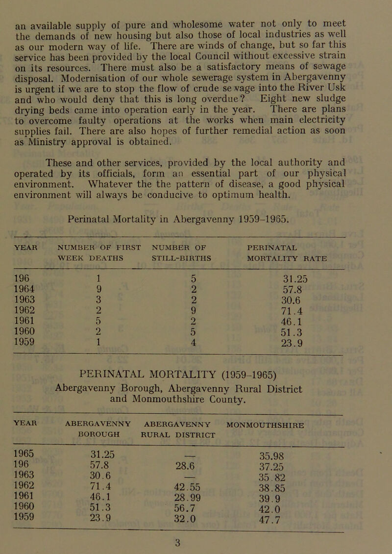 an available supply of pure and wholesome water not only to meet the demands of new housing but also those of local industries as well as our modern way of life. There are winds of change, but so far this service has been provided by the local Council without excessive strain on its resources. There must also be a satisfactory means of sewage disposal. Modernisation of our whole sewerage system in Abergavenny is urgent if we are to stop the flow of crude se vage into the River Usk and who would deny that this is long overdue? Eight new sludge drying beds came into operation early in the year. There are plans to overcome faulty operations at the works when main electricity supplies fail. There are also hopes of further remedial action as soon as Ministry approval is obtained. These and other services, provided by the local authority and operated by its officials, form an essential part of our physical environment. Whatever the the pattern of disease, a good physical environment will always be conducive to optimum health. Perinatal Mortality in Abergavenny 1959-1985. YEAR NUMBER OF FIRST NUMBER OF PERINATAL MORTALITY RATE WEEK DEATHS STILL-BIRTHS 196 1964 1963 1962 1961 1960 1959 1 9 3 2 5 2 1 5 2 2 9 2 5 4 31.25 57.8 30.6 71.4 46.1 51.3 23.9 PERINATAL MORTALITY (1959-1965) Abergavenny Borough, Abergavenny Rural District and Monmouthshire County. YEAR ABERGAVENNY ABERGAVENNY MONMOUTHSHIRE BOROUGH RURAL DISTRICT 1965 196 1963 1962 1961 1960 1959 31.25 57.8 30.6 71.4 46.1 51.3 23.9 42.55 28.99 56.7 32.0 28.6 35.98 37.25 35.82 38.85 39.9 42.0 47.7