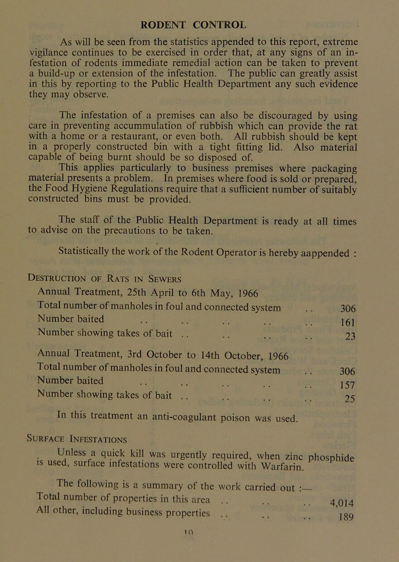 RODENT CONTROL As will be seen from the statistics appended to this report, extreme vigilance continues to be exercised in order that, at any signs of an in- festation of rodents immediate remedial action can be taken to prevent a build-up or extension of the infestation. The public can greatly assist in this by reporting to the Public Health Department any such evidence they may observe. The infestation of a premises can also be discouraged by using care in preventing accummulation of rubbish which can provide the rat with a home or a restaurant, or even both. All rubbish should be kept in a properly constructed bin with a tight fitting lid. Also material capable of being burnt should be so disposed of. This applies particularly to business premises where packaging material presents a problem. In premises where food is sold or prepared, the Food Hygiene Regulations require that a sufficient number of suitably constructed bins must be provided. The staff of the Public Health Department is ready at all times to advise on the precautions to be taken. Statistically the work of the Rodent Operator is hereby aappended : Destruction of Rats in Sewers Annual Treatment, 25th April to 6th May, 1966 Total number of manholes in foul and connected system Number baited Number showing takes of bait Annual Treatment, 3rd October to 14th October, 1966 Total number of manholes in foul and connected system Number baited Number showing takes of bait .. In this treatment an anti-coagulant poison was used. 306 161 23 306 157 25 Surface Infestations Unless a quick kill was urgently required, when zinc phosphide is used, surface infestations were controlled with Warfarin. The following is a summary of the work carried out Total number of properties in this area AH other, including business properties 4,014 189 i o