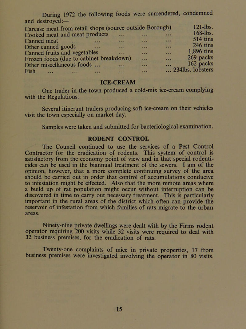 During 1972 the following foods were surrendered, condemned and destroyed:— Carcase meat from retail shops (source outside Borough) 121-lbs. Cooked meat and meat products ... ... ... 168-lbs. Canned meat ... ... ••• ••• ••• oil t-nS Other canned goods ... ... ••• ••• 246 tins Canned fruits and vegetables ... ... ••• 1,896 tins Frozen foods (due to cabinet breakdown) ... ... 269 packs Other miscellaneous foods ... ... ... ••• 162 packs Fish ... ... ... ••• ••• 2341bs. lobsters ICE-CREAM One trader in the town produced a cold-mix ice-cream complying with the Regulations. Several itinerant traders producing soft ice-cream on their vehicles visit the town especially on market day. Samples were taken and submitted for bacteriological examination. RODENT CONTROL The Council continued to use the services of a Pest Control Contractor for the eradication of rodents. This system of control is satisfactory from the economy point of view and in that special rodenti- cides can be used in the biannual treatment of the sewers. I am of the opinion, however, that a more complete continuing survey of the area should be carried out in order that control of accumulations conducive to infestation might be effected. Also that the more remote areas where a build up of rat population might occur without interruption can be discovered in time to carry out necessary treatment. This is particularly important in the rural areas of the district which often can provide the reservoir of infestation from which families of rats migrate to the urban areas. Ninety-nine private dwellings were dealt with by the Firms rodent operator requiring 200 visits while 32 visits were required to deal with 32 business premises, for the eradication of rats. Twenty-one complaints of mice in private properties, 17 from business premises were investigated involving the operator in 80 visits.