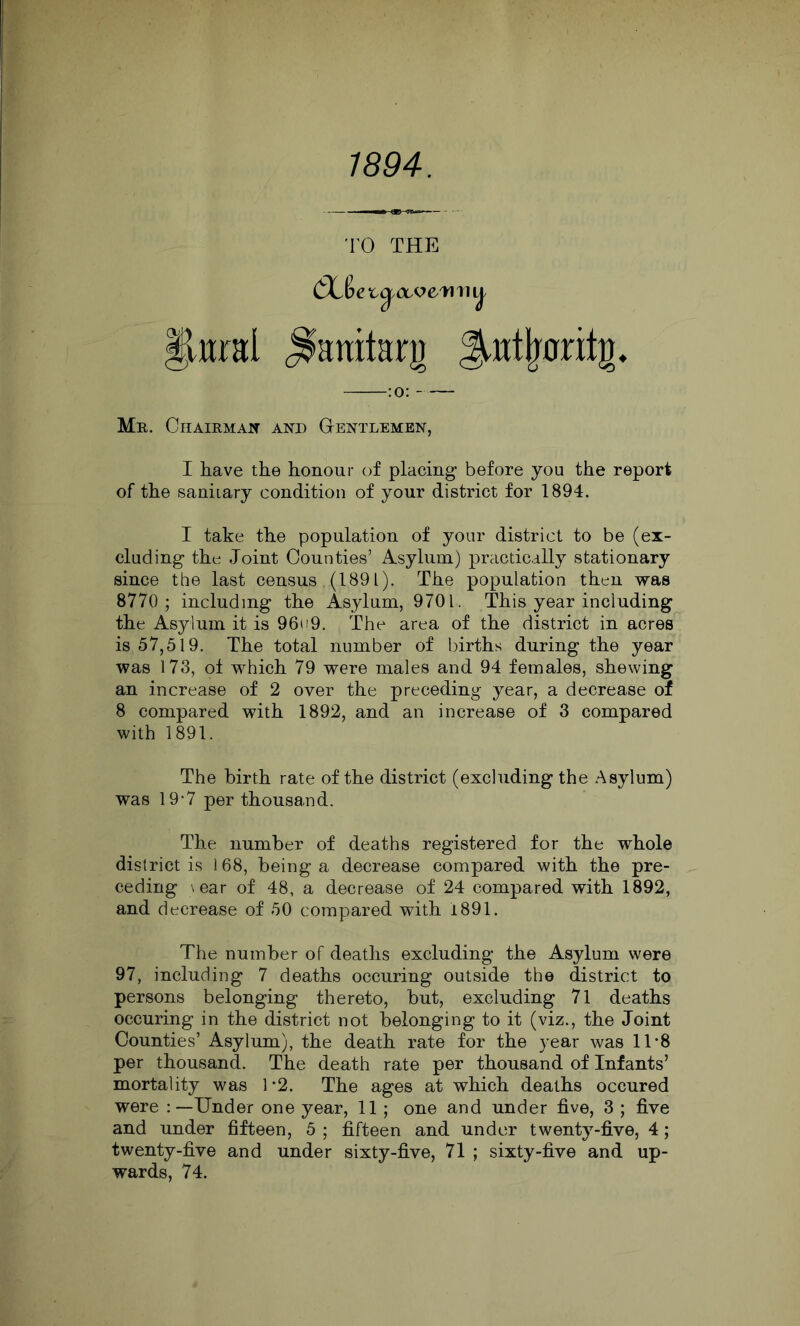 1894. TO THE eik §l«ral ^anitarg g^at^aritg, Mr. ClIAIRMAJfT AND GeNTLEMEN, I have the honour of placing before you the report of the sanitary condition of your district for 1894. I take the population of your district to be (ex- cluding the Joint Counties’ Asylum.) practically stationary since the last census (1891). The population then was 8770; including the Asylum, 9701. This year including the Asylum it is 96(i9. The area of the district in acres is 57,519. The total number of births during the year was 173, of which 79 were males and 94 females, shewing an increase of 2 over the preceding year, a decrease of 8 compared with 1892, and an increase of 3 compared with 1891. The birth rate of the district (excluding the Asylum) was 19-7 per thousand. The number of deaths registered for the whole district is 168, being a decrease compared with the pre- ceding \ear of 48, a decrease of 24 compared with 1892, and decrease of 50 compared with 1891. The number of deatlis excluding the Asylum were 97, including 7 deaths occuring outside the district to persons belonging thereto, but, excluding 71 deaths occuring in the district not belonging to it (viz., the Joint Counties’ Asylum), the death rate for the year was 1T8 per thousand. The death rate per thousand of Infants’ mortality was 1-2. The ages at which deaths occured were :—Under one year, 11; one and under five, 3 ; five and under fifteen, 5 ; fifteen and under twenty-five, 4; twenty-five and under sixty-five, 71 ; sixty-five and up- wards, 74.