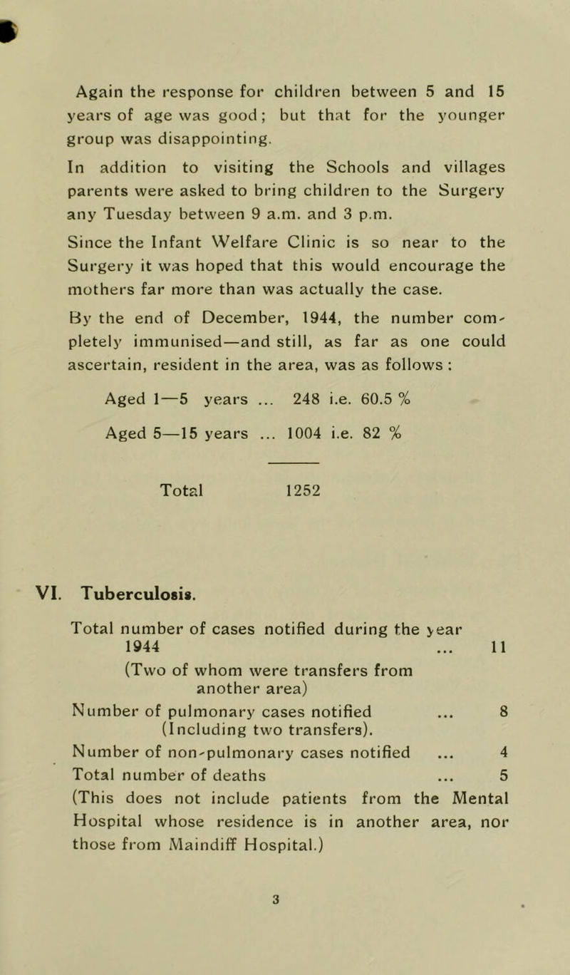 Again the response for children between 5 and 15 years of age was good; but that for the younger group was disappointing. In addition to visiting the Schools and villages parents were asked to bring children to the Surgery any Tuesday between 9 a.m. and 3 p.m. Since the Infant Welfare Clinic is so near to the Surgery it was hoped that this would encourage the mothers far more than was actually the case. By the end of December, 1944, the number com' pletely immunised—and still, as far as one could ascertain, resident in the area, was as follows : Aged 1—5 years ... 248 i.e. 60.5 % Aged 5—15 years ... 1004 i.e. 82 % Total 1252 VI. Tuberculosis. Total number of cases notified during the year 1944 ... 11 (Two of whom were transfers from another area) Number of pulmonary cases notified ... 8 (Including two transfers). Number of non^pulmonary cases notified ... 4 Total number of deaths ... 5 (This does not include patients from the Mental Hospital whose residence is in another area, nor those from Maindiff Hospital.)