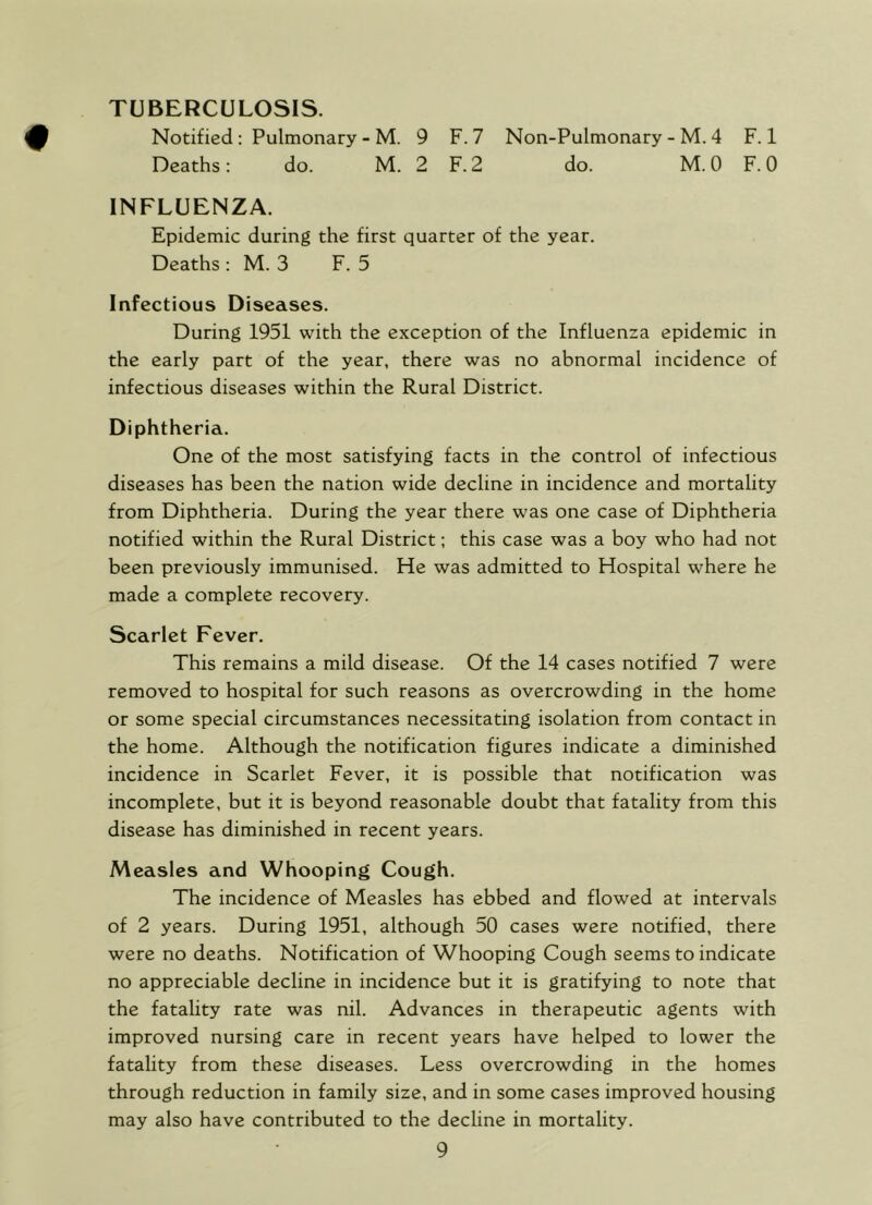 TUBERCULOSIS. Notified: Pulmonary - M. 9 F. 7 Non-Pulmonary - M. 4 F. 1 Deaths: do. M. 2 F. 2 do. M. 0 F. 0 INFLUENZA. Epidemic during the first quarter of the year. Deaths : M. 3 F. 5 Infectious Diseases. During 1951 with the exception of the Influenza epidemic in the early part of the year, there was no abnormal incidence of infectious diseases within the Rural District. Diphtheria. One of the most satisfying facts in the control of infectious diseases has been the nation wide decline in incidence and mortality from Diphtheria. During the year there was one case of Diphtheria notified within the Rural District; this case was a boy who had not been previously immunised. He was admitted to Hospital where he made a complete recovery. Scarlet Fever. This remains a mild disease. Of the 14 cases notified 7 were removed to hospital for such reasons as overcrowding in the home or some special circumstances necessitating isolation from contact in the home. Although the notification figures indicate a diminished incidence in Scarlet Fever, it is possible that notification was incomplete, but it is beyond reasonable doubt that fatality from this disease has diminished in recent years. Measles and Whooping Cough. The incidence of Measles has ebbed and flowed at intervals of 2 years. During 1951, although 50 cases were notified, there were no deaths. Notification of Whooping Cough seems to indicate no appreciable decline in incidence but it is gratifying to note that the fatality rate was nil. Advances in therapeutic agents with improved nursing care in recent years have helped to lower the fatality from these diseases. Less overcrowding in the homes through reduction in family size, and in some cases improved housing may also have contributed to the decline in mortality.