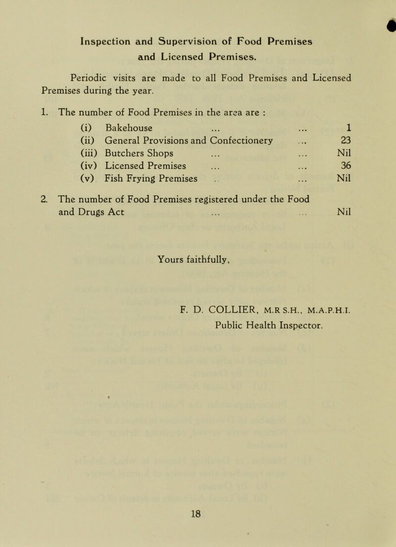 Inspection and Supervision of Food Premises and Licensed Premises. Periodic visits are made to all Food Premises and Licensed Premises during the year. 1. The number of Food Premises in the area are : (i) Bakehouse ... ... 1 (ii) General Provisions and Confectionery ... 23 (iii) Butchers Shops ... ... Nil (iv) Licensed Premises ... ... 36 (v) Fish Frying Premises ... Nil 2. The number of Food Premises registered under the Food and Drugs Act ... . Nil Yours faithfully, F. D. COLLIER, m.rs.h., m.a.p.h.i. Public Health Inspector.