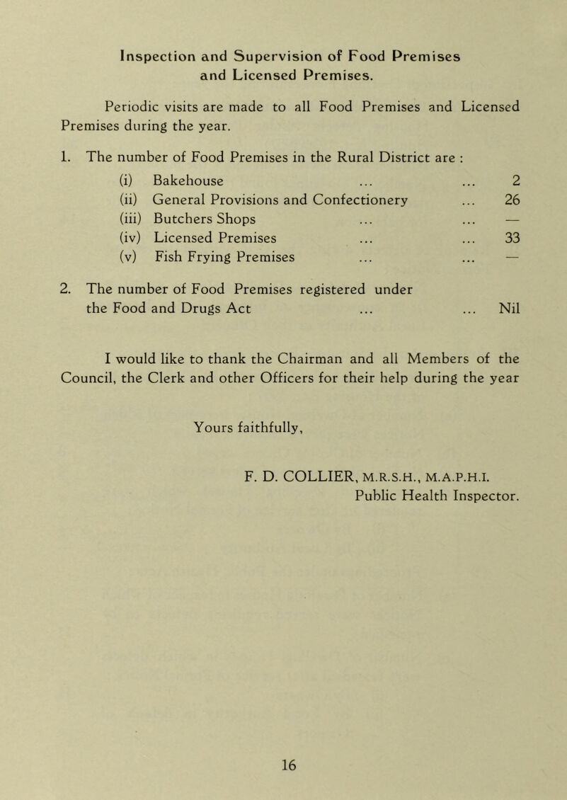 Inspection and Supervision of Food Premises and Licensed Premises. Periodic visits are made to all Food Premises and Licensed Premises during the year. 1. The number of Food Premises in the Rural District are : (i) Bakehouse (ii) General Provisions and Confectionery (iii) Butchers Shops (iv) Licensed Premises (v) Fish Frying Premises 2. The number of Food Premises registered under the Food and Drugs Act ... ... Nil I would like to thank the Chairman and all Members of the Council, the Clerk and other Officers for their help during the year 2 26 33 Yours faithfully, F. D. COLLIER, M.R.S.H., M.A.P.H.I. Public Health Inspector.