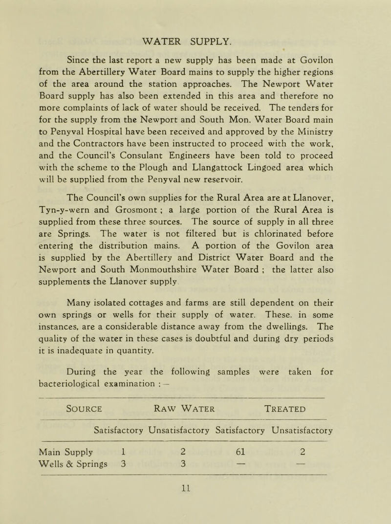 WATER SUPPLY. Since the last report a new supply has been made at Govilon from the Abertillery Water Board mains to supply the higher regions of the area around the station approaches. The Newport Water Board supply has also been extended in this area and therefore no more complaints of lack of water should be received. The tenders for for the supply from the Newport and South Mon. Water Board main to Penyval Hospital have been received and approved by the Ministry and the Contractors have been instructed to proceed with the work, and the Council’s Consulant Engineers have been told to proceed with the scheme to the Plough and Llangattock Lingoed area which will be supplied from the Penyval new reservoir. The Council’s own supplies for the Rural Area are atLlanover, Tyn-y-wern and Grosmont ; a large portion of the Rural Area is supplied from these three sources. The source of supply in all three are Springs. The water is not filtered but is chlorinated before entering the distribution mains. A portion of the Govilon area is supplied by the Abertillery and District Water Board and the Newport and South Monmouthshire Water Board ; the latter also supplements the Llanover supply Many isolated cottages and farms are still dependent on their own springs or wells for their supply of water. These, in some instances, are a considerable distance away from the dwellings. The quality of the water in these cases is doubtful and during dry periods it is inadequate in quantity. During the year the following samples were taken for bacteriological examination : — Source Raw Water Treated Satisfactory Unsatisfactory Satisfactory Unsatisfactory Main Supply 1 2 61 2 Wells & Springs 3 3 — —
