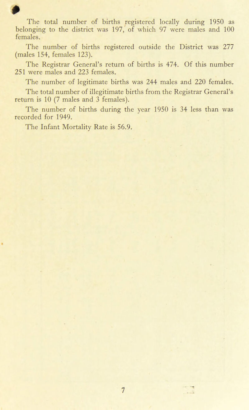 0 The total number of births registered locally during 1950 as belonging to the district was 197, of which 97 were males and 100 females. The number of births registered outside the District was 277 (males 154, females 123). The Registrar General’s return of births is 474. Of this number 251 were males and 223 females. The number of legitimate births was 244 males and 220 females. The total number of illegitimate births from the Registrar General’s return is 10 (7 males and 3 females). The number of births during the year 1950 is 34 less than was recorded for 1949. The Infant Mortality Rate is 56.9.