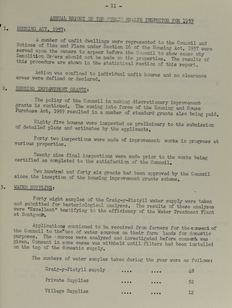 - 11 - ANNUAL REPORT , OF TIE iUBLIC HEALTH INSPECTOR FDR. IQ5Q 1. HOUSING ACT. igyf- vj , . A 5^er of unfit dwellings were represented to the Council and 0f and Place under Section 16 of the Housing Act, 1957 were served upon the owners to appear before the Council to show cause why emolition Orders should not be made on the properties. The results of this procedure are shown in the statistical section of this report. Al!t:L!VatCOnf^ne? t0Jln<3ivldual unfit houses and no clearance areas were defined or declared. 2. HOUSING IMPROVEMENT GRANTS« The policy of the Council in making discretionary improvement- 1SAC?ntSrod* The COming into force of the Housing and House Purchase Act, 1959 resulted in a number of standard grants also being paid. n-p * + ?ng?ty/ive houses were inspected as preliminary to the submission oi detailed plans and estimates by the applicants. „ . Forty inspections were made of improvement; works in progress at various properties. B J..*.TYenty nine final inspections were made prior to the works being certified as completed to the satisfaction of the Council. Two.hundred and forty six grants had been approved by the Council since the inception of the housing improvement grants scheme, 3. WATER SUPPLIES; , \ samples of the Craig-y-Fistyll water supply were taken aad S^t?®d for bacteriological analyses. The results of these analyses at 3onSochlent testlfying to the efficiency of the Water Treatment Plant ,, p pplications continued to be received from farmers for the consent of the Council to the use of water sources on their farm; lands for domestic purposes. The - ources were analysed and investigated before consent* was given. Consent in some cases was withheld until filters had been installed on the tap of the domestic supply. The numbers of water samples taken during the year were as follows: Graig-y-Pistyll supply • • • • • • • • 48 Private Supplies • • • • • • • • 52 Village Supplies • • • •