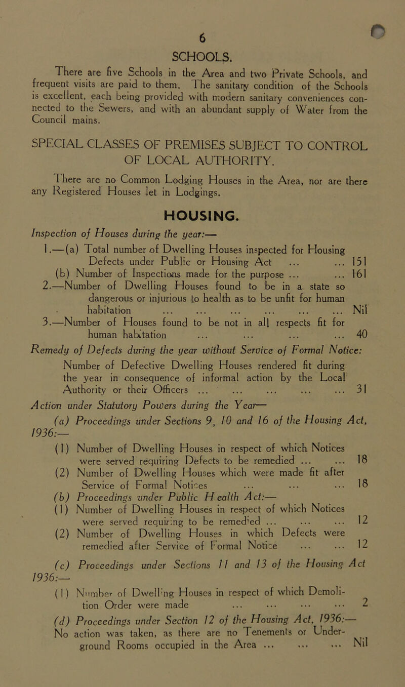 SCHOOLS. There are five Schools in the Area and two Private Schools, and frequent visits are paid to them. 1 he sanitary condition of the Schools is excellent, each being provided with modern sanitary conveniences con- nected to the Sewers, and with an abundant supply of Water from the Council mains. SPECIAL CLASSES OF PREMISES SUBJECT TO CONTROL OF LOCAL AUTHORITY. There are no Common Lodging Houses in the Area, nor are there any Registered Houses let in Lodgings. HOUSING. Inspection of Houses during the year:— 1. —(a) Total number of Dwelling Houses inspected for Housing Defects under Public or Housing Act ... ... 151 (b) Number of Inspections made for the purpose ... ... 161 2. —Number of Dwelling Houses found to be in a state so dangerous or injurious to health as to be unfit for human habitation ... ... ... ... ... ... Nil 3. —Number of Houses found to be not in all respects fit for human habitation ... ... ... ... 40 Remedy of Defects during the year without Service of Formal Notice: Number of Defective Dwelling Houses rendered fit during the year in consequence of informal action by the Local Authority or their Officers ... ... ... ... ... 31 Action under Statutory Powers during the Yeat— (a) Proceedings under Sections 9, 10 and 16 of the Housing Act, 1936:— (1) Number of Dwelling Houses in respect of which Notices were served requiring Defects to be remedied ... ... 18 (2) Number of Dwelling Houses which were made fit after Service of Forma! Notices ... ••• ••• 18 (h) Proceedings under Public Health Act:— (1) Number of Dwelling Houses in respect of which Notices were served requiring to be remed’ed ... ... ... 12 (2) Number of Dwelling Elouses in which Defects were remedied after Service of Formal Notice ... ... 12 (c) Proceedings under Sections II and 13 of the Housing Act 1936:— (1) Number of Dwell :ng Houses in respect of which Demoli- tion Order were made ... ... ••• ••• 2 (d) Proceedings under Section 12 of the Housing Act, 1936:— No action was taken, as there are no Tenements or Under- ground Rooms occupied in the Area Nil