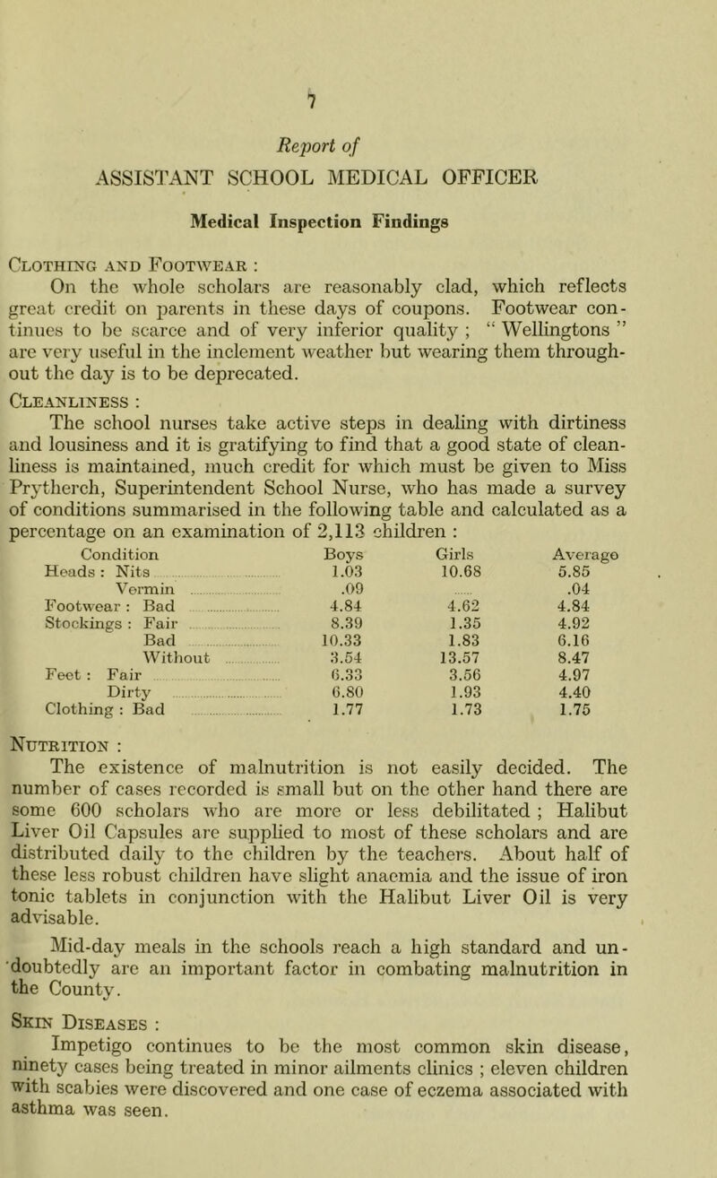 Report of ASSISTANT SCHOOL MEDICAL OFFICER Medical Inspection Findings Clothing and Footwear : On the whole scholars are reasonably clad, which reflects great credit on parents in these days of coupons. Footwear con- tinues to be scarce and of very inferior quality ; “ Wellingtons ” are very useful in the inclement weather but wearing them through- out the day is to be deprecated. Cleanliness : The school nurses take active steps in dealing with dirtiness and lousiness and it is gratifying to find that a good state of clean- liness is maintained, much credit for which must be given to Miss Prytherch, Superintendent School Nurse, who has made a survey of conditions summarised in the following table and calculated as a percentage on an examination of 2,113 children : Condition Boys Girls Aver; Heads: Nits 1.03 10.68 5.85 Vermin .09 .04 Footwear : Bad 4.84 4.62 4.84 Stockings : Fair 8.39 1.35 4.92 Bad 10.33 1.83 6.16 Without 3.54 13.57 8.47 Feet : Fair 6.33 3.56 4.97 Dirty 6.80 1.93 4.40 Clothing : Bad 1.77 1.73 1.75 Nutrition : The existence of malnutrition is not easily decided. The number of cases recorded is small but on the other hand there are some 600 scholars who are more or less debilitated ; Halibut Liver Oil Capsules are supplied to most of these scholars and are distributed daily to the children by the teachers. About half of these less robust children have slight anaemia and the issue of iron tonic tablets in conjunction with the Halibut Liver Oil is very advisable. Mid-day meals in the schools reach a high standard and un- doubtedly are an important factor in combating malnutrition in the County. Skin Diseases : Impetigo continues to be the most common skin disease, ninety cases being treated in minor ailments clinics ; eleven children with scabies were discovered and one case of eczema associated with asthma was seen.