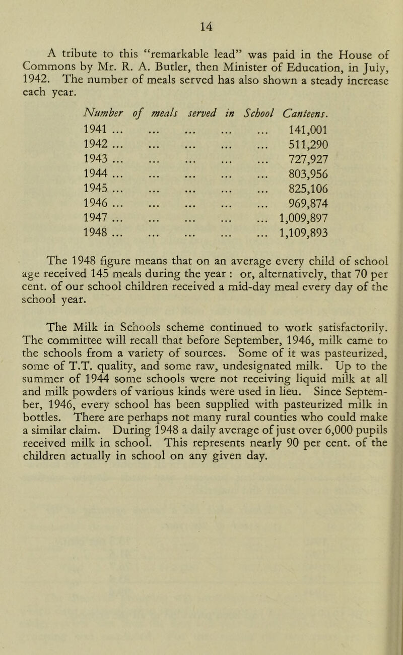 A tribute to this “remarkable lead” was paid in the House of Commons by Mr. R. A. Butler, then Minister of Education, in Juiy, 1942. The number of meals served has also shown a steady increase each year. Number of meals served in School Canteens. 1941 ... 141,001 1942 ... 511,290 1943 ... 727,927 1944 ... 803,956 1945 ... 825,106 1946 ... 969,874 1947 ... ... 1,009,897 1948 ... ... ... ... ... 1,109,893 The 1948 figure means that on an average every child of school age received 145 meals during the year : or, alternatively, that 70 per cent, of our school children received a mid-day meal every day of the school year. The Milk in Schools scheme continued to work satisfactorily. The committee will recall that before September, 1946, milk came to the schools from a variety of sources. Some of it was pasteurized, some of T.T. quality, and some raw, undesignated milk. Up to the summer of 1944 some schools were not receiving liquid milk at all and milk powders of various kinds were used in lieu. Since Septem- ber, 1946, every school has been supplied with pasteurized milk in bottles. There are perhaps not many rural counties who could make a similar claim. During 1948 a daily average of just over 6,000 pupils received milk in school. This represents nearly 90 per cent, of the children actually in school on any given day.