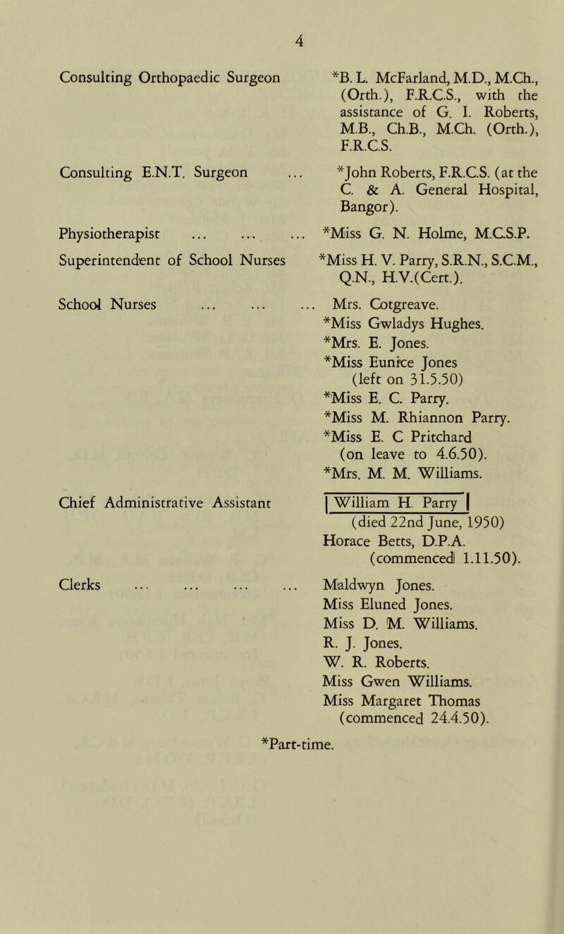 Consulting Orthopaedic Surgeon Consulting E.N.T. Surgeon Physiotherapist Superintendent of School Nurses School Nurses Chief Administrative Assistant Clerks *B. L. McFarland, M.D., M.Ch., (Orth.), F.R.C.S., with the assistance of G. I. Roberts, M.B., Ch.B., M.Ch. (Orth.), F.R.CS. *John Roberts, F.R.CS. (at the C. & A. General Hospital, Bangor). *Miss G. N. Holme, M.CS.P. *Miss H. V. Parry, S.R.N., S.C.M., Q.N., H.V.(Cert.). Mrs. Cotgreave. *Miss Gwladys Hughes. *Mrs. E. Jones. *Miss Eunice Jones (left on 31.5.50) *Miss E. C. Parry. *Miss M. Rhiannon Parry. *Miss E. C Pritchard (on leave to 4.6.50). *Mrs. M. M. Williams. ' William H. Parry j (died 22nd June, 1950) Horace Betts, D.P.A. (commenced! 1.11.50). Maldwyn Jones. Miss Eluned Jones. Miss D. M. Williams. R. J. Jones. W. R. Roberts. Miss Gwen Williams. Miss Margaret Thomas (commenced 24.4.50). *Part-time.