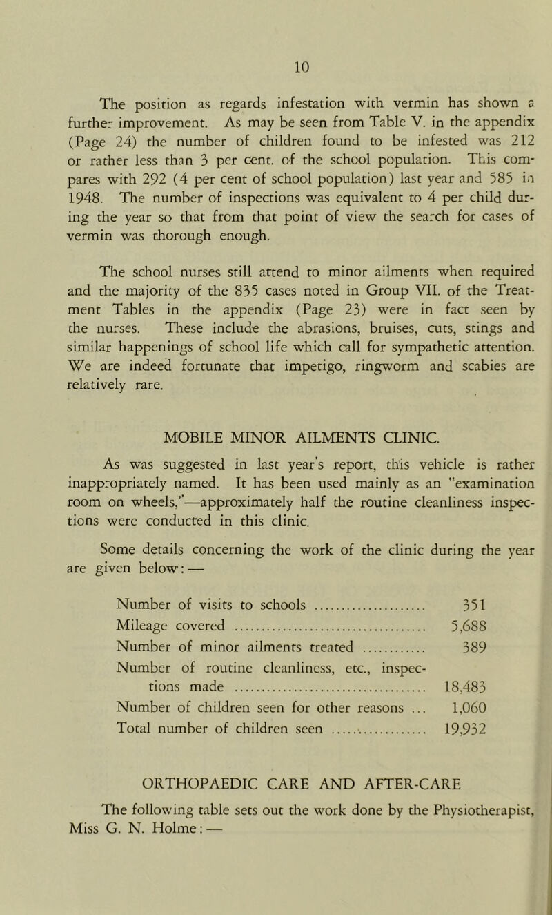 The position as regards infestation with vermin has shown a further improvement. As may be seen from Table V. in the appendix (Page 24) the number of children found to be infested was 212 or rather less than 3 per cent, of the school population. This com- pares with 292 (4 per cent of school population) last year and 585 in 1948. The number of inspections was equivalent to 4 per child dur- ing the year so that from that point of view the search for cases of vermin was thorough enough. The school nurses still attend to minor ailments when required and the majority of the 835 cases noted in Group VII. of the Treat- ment Tables in the appendix (Page 23) were in fact seen by the nurses. These include the abrasions, bruises, cuts, stings and similar happenings of school life which call for sympathetic attention. We are indeed fortunate that impetigo, ringworm and scabies are relatively rare. MOBILE MINOR AILMENTS CLINIC. As was suggested in last year’s report, this vehicle is rather inappropriately named. It has been used mainly as an examination room on wheels,’’—approximately half the routine cleanliness inspec- tions were conducted in this clinic. Some details concerning the work of the clinic during the year are given below; — Number of visits to schools 351 Mileage covered 5,688 Number of minor ailments treated 389 Number of routine cleanliness, etc., inspec- tions made 18,483 Number of children seen for other reasons ... 1,060 Total number of children seen 19,932 ORTHOPAEDIC CARE AND AFTER-CARE The following table sets out the work done by the Physiotherapist, Miss G. N. Holme: —