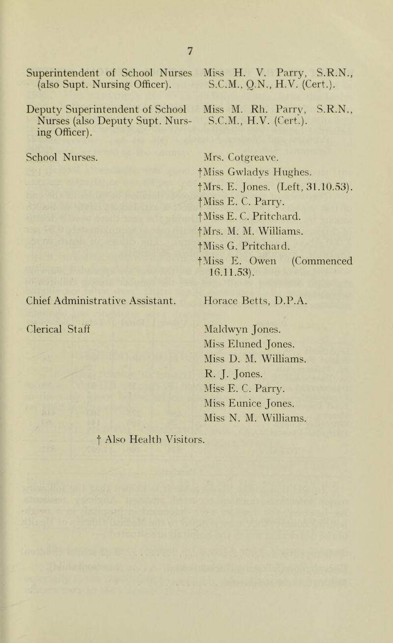 Superintendent of School Nurses Miss H. V. Parry, S.R.N (also Supt. Nursing Officer). S.C.M., O.N., H.V. (Cert.). Deputy Superintendent of School Nurses (also Deputy Supt. Nurs- ing Officer). Miss M. Rh. Parry, S.R.N.. S.C.M., H.V. (Cert.). School Nurses. Mrs. Cotgreavc. tMiss Gwladvs Hughes. tMrs. E. Jones. (Left, 31.10.53). (Miss E. C. Parry, t Miss E. C. Pritchard. fMrs. M. M. Williams. •(Miss G. Pritchaid. tMiss E. Owen (Commenced 16.11.53). Chief Administrative Assistant. Horace Betts, D.P.A. Clerical Staff Maldwyn Jones. Miss Eluned Jones. Miss D. M. Williams. R. J. Jones. Miss E. C. Parry. Miss Eunice Jones. Miss N. M. Williams. j Also Health Visitors.