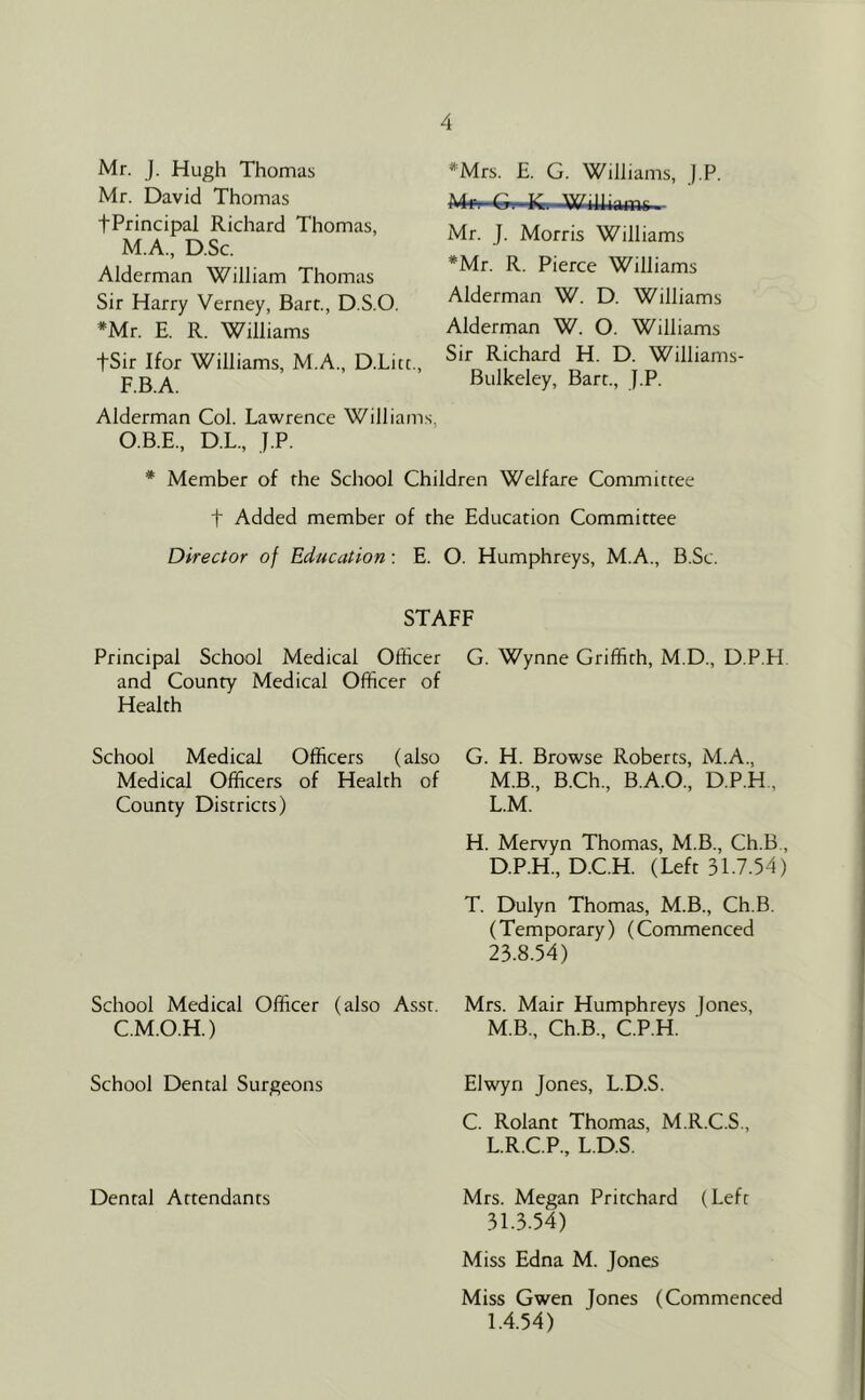 Mr. ). Hugh Thomas Mr. David Thomas fPrincipal Richard Thomas, M.A., D.Sc. Alderman William Thomas Sir Harry Verney, Bart., D.S.O. *Mr. E. R. Williams fSir Ifor Williams, M.A., D.Litc., F.B.A. Alderman Col. Lawrence Williams, O.B.E., D.L., J.P. *Mrs. E. G. Williams, j.P. M4^G-.-K, Williamc. Mr. J. Morris Williams *Mr. R. Pierce Williams Alderman W. D. Williams Alderman W. O. Williams Sir Richard H. D. Williams Bulkeley, Bart., J.P. Member of the School Children Welfare Committee t Added member of the Education Committee Director of Education; E. O. Humphreys, M.A., B.Sc. STAFF Principal School Medical Officer G. Wynne Griffith, M.D., D.P.H and County Medical Officer of Health School Medical Officers (also Medical Officers of Health of County Districts) School Medical Officer (also Asst. C.M.O.H.) School Dental Surgeons Dental Attendants G. H. Browse Roberts, M.A., M.B., B.Ch., B.A.O., D.P.H., L. M. H. Mervyn Thomas, M.B., Ch.B., D.P.H., D.C.H. (Left 31.7.54) T. Dulyn Thomas, M.B., Ch.B. (Temporary) (Commenced 23.8.54) Mrs. Mair Humphreys jones, M. B., Ch.B., C.P.H. Elwyn Jones, L.D.S. C. Rolant Thomas, M.R.C.S., L.R.C.P., L.D.S. Mrs. Megan Pritchard (Left 31.3.54) Miss Edna M. Jones Miss Gwen Jones (Commenced 1.4.54)