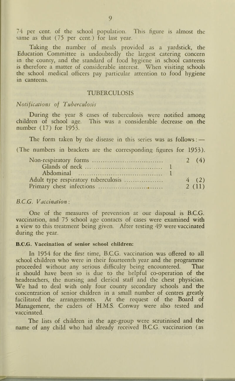 74 per cent, of the .school population. This li.t’ure is almost the same as that (75 per cent.) for last year. Taking the number of meals provided as a yardstick, the Education Committee is undoubtedly the largest catering concern in the county, and the standard of food hygiene in school canteens is therefore a matter of considerable interest. When visiting schools the school medical officers pay particular attention to food hygiene in canteens. TUBERCULOSIS Notifications of Tuberculosis During the year 8 cases of tuberculosis were notified among children of school age. This was a considerable decrease on the number (17) for 1953. The form taken by the disease in this series was as follows; — (The numbers in brackets are the corresponding figures for 1953). Non-respiratory forms 2 (4) Glands of neck 1 Abdominal 1 Adult type respiratory tuberculosis 4 (2) Primary chest infections * 2 (11) B.C.G. Vaccination: One of the measures of prevention at our disposal is B.C.G. vaccination, and 75 school age contacts of cases were examined with a view to this treatment being given. After testing 49 were vaccinated during the year. B.C.G. Vaccination of senior school children: In 1954 for the first time, B.C.G. vaccination was offered to all school children who were in their fourteenth year and the programme proceeded without any serious difficulty being encountered. That it should have been so is due to the helpful co-operation of the headteachers, the nursing and clerical staff and the chest physician. We had to deal with only four county secondary schools and the concentration of senior children in a small number of centres greatly facilitated the arrangements. At the request of the Board of Management, the cadets of H.M.S. Conway were also tested and vaccinated. The lists of children in the age-group were scrutinised and the name of any child who had already received B.C.G. vaccination (as