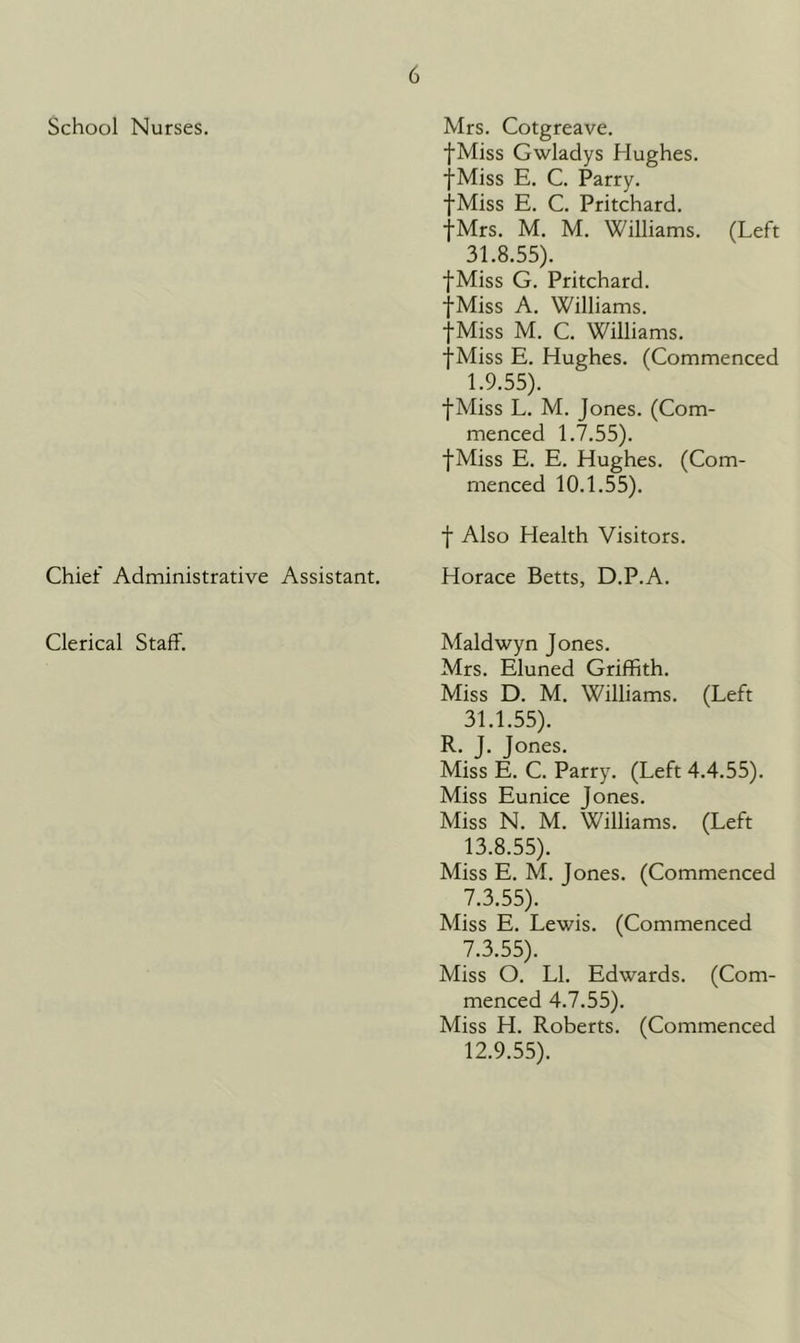 School Nurses. Chief Administrative Clerical Staff. Mrs. Cotgreave. fMiss Gwladys Hughes. fMiss E. C. Parry. fMiss E. C. Pritchard. fMrs. M. M. Williams. (Left 31.8.55) . fMiss G. Pritchard. fMiss A. Williams. fMiss M. C. Williams. fMiss E. Hughes. (Commenced 1.9.55) . fMiss L. M. Jones. (Com- menced 1.7.55). fMiss E. E. Hughes. (Com- menced 10.1.55). f Also Health Visitors. Assistant. Horace Betts, D.P.A. Maldwyn Jones. Mrs. Eluned Griffith. Miss D. M. Williams. (Left 31.1.55) . R. J. Jones. Miss E. C. Parry. (Left 4.4.55). Miss Eunice Jones. Miss N. M. Williams. (Left 13.8.55) . Miss E. M. Tones. (Commenced 7.3.55) . Miss E. Lewis. (Commenced 7.3.55) . Miss O. LI. Edwards. (Com- menced 4.7.55). Miss H. Roberts. (Commenced 12.9.55) .