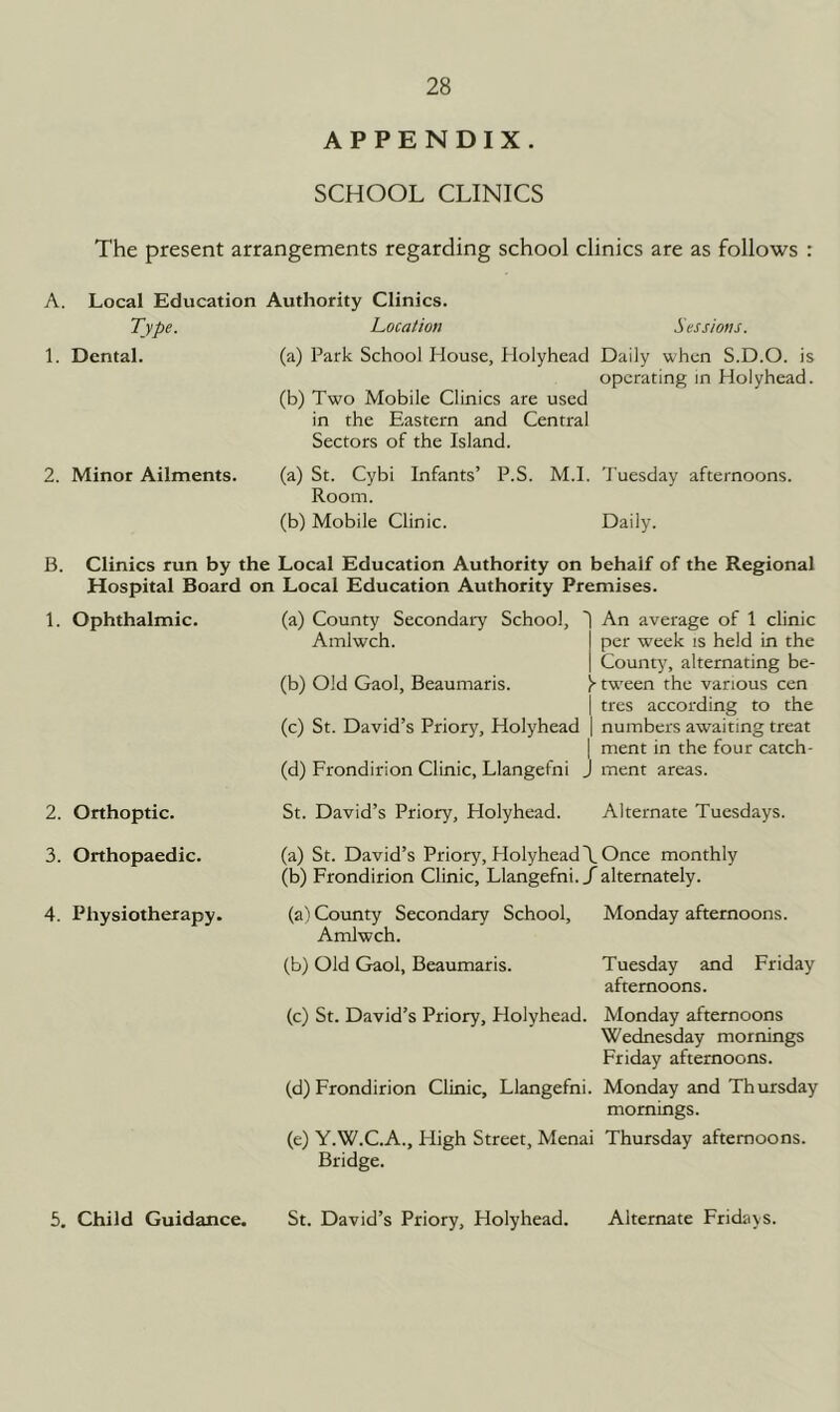 APPENDIX. SCHOOL CLINICS The present arrangements regarding school clinics are as follows : A. Local Education Authority Clinics. Type. Location Sessions. 1. Dental. (a) Park School House, Holyhead (b) Two Mobile Clinics are used in the Eastern and Central Sectors of the Island. Daily when S.D.O. is operating in Holyhead. 2. Minor Ailments. (a) St. Cybi Infants’ P.S. M.I. Room. 'I’uesday afternoons. (b) Mobile Clinic. Daily. B. Clinics run by the Local Education Authority on behalf of the Regional Hospital Board on Local Education Authority Premises. 1. Ophthalmic. (a) County Secondary School, Amlwch. (b) Old Gaol, Beaumaris. (c) St. David’s Priory, Holyhead (d) Frondirion Clinic, Llangefni , An average of 1 clinic per week is held in the County, alternating be- ■ tween the various cen tres according to the numbers awaiting treat ment in the four catch- ment areas. 2. Orthoptic. St. David’s Priory, Holyhead. Alternate Tuesdays. 3. Orthopaedic. (a) St. David’s Priory, Holyhead\ Once monthly (b) Frondirion Clinic, Llangefni./alternately. 4. Physiotherapy. (a) County Secondary School, Monday afternoons. Amlwch. (b) Old Gaol, Beaumaris. Tuesday and Friday afternoons. (c) St. David’s Priory, Holyhead. Monday afternoons Wednesday mornings Friday afternoons. (d) Frondirion Clinic, Llangefni. Monday and Thursday mornings. (e) Y.W.C.A., Fligh Street, Menai Thursday afternoons. Bridge. 5. Child Guidance. St. David’s Priory, Holyhead. Alternate Fridays.