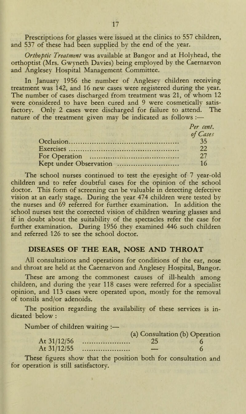 Prescriptions for glasses were issued at the clinics to 557 children, and 537 of these had been supplied by the end of the year. Orthoptic Treatment was available at Bangor and at Holyhead, the orthoptist (Mrs. Gwyneth Davies) being employed by the Caernarvon and Anglesey Hospital Management Committee. In January 1956 the number of Anglesey children receiving treatment was 142, and 16 new cases were registered during the year. The number of cases discharged from treatment was 21, of whom 12 were considered to have been cured and 9 were cosmetically satis- factory. Only 2 cases were discharged for failure to attend. The nature of the treatment given may be indicated as follows :— Per cent, of Cases Occlusion 35 Exercises 22 For Operation 27 Kept under Observation 16 The school nurses continued to test the eyesight of 7 year-old children and to refer doubtful cases for the opinion of the school doctor. This form of screening can be valuable in detecting defective vision at an early stage. During the year 474 children were tested by the nurses and 69 referred for further examination. In addition the school nurses test the corrected vision of children wearing glasses and if in doubt about the suitability of the spectacles refer the case for further examination. During 1956 they examined 446 such children and referred 126 to see the school doctor. DISEASES OF THE EAR, NOSE AND THROAT All consultations and operations for conditions of the ear, nose and throat are held at the Caernarvon and Anglesey Hospital, Bangor. These are among the commonest causes of ill-health among children, and during the year 118 cases were referred for a specialist opinion, and 113 cases were operated upon, mostly for the removal of tonsils and/or adenoids. The position regarding the availability of these services is in- dicated below : Number of children waiting :—• (a) Consultation (b) Operation At 31/12/56 25 6 At 31/12/55 — 6 These figures show that the position both for consultation and for operation is still satisfactory.