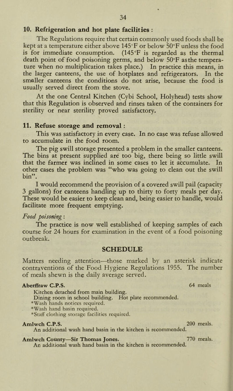 10. Refrigeration and hot plate facilities : The Regulations require that certain commonly used foods shall be kept at a temperature either above 145°F or below 50°F unless the food is for immediate consumption. (145°F is regarded as the thermal death point of food poisoning germs, and below 50°F as the tempera- ture when no multiplication takes place.) In practice this means, in the larger canteens, the use of hotplates and refrigerators. In the smaller canteens the conditions do not arise, because the food is usually served direct from the stove. At the one Central Kitchen (Cybi School, Holyhead) tests show that this Regulation is observed and rinses taken of the containers for sterility or near sterility proved satisfactory. 11. Refuse storage and removal : This was satisfactory in every case. In no case was refuse allowed to accumulate in the food room. The pig swill storage presented a problem in the smaller canteens. The bins at present supplied are too big, there being so little swill that the farmer was inclined in some cases to let it accumulate. In other cases the problem was “who was going to clean out the swill bin”. I would recommend the provision of a covered swill pail (capacity 3 gallons) for canteens handling up to thirty to forty meals per day. These would be easier to keep clean and, being easier to handle, would facilitate more frequent emptying. Food poisoning: The practice is now well established of keeping samples of each course for 24 hours for examination in the event of a food poisoning outbreak. SCHEDULE Matters needing attention—those marked by an asterisk indicate contraventions of the Food Hygiene Regulations 1955. The number of meals shewn is the daily average served. Aberffraw C.P.S. 64 meals Kitchen detached from main building. Dining room in school building. Hot plate recommended. *Wash hands notices required. *Wash hand basin required. *Staff clothing storage facilities required. Amlwch C.P.S. 200 meals. An additional wash hand basin in the kitchen is recommended. Amlwch County—Sir Thomas Jones. 770 meals. An additional wash hand basin in the kitchen is recommended.