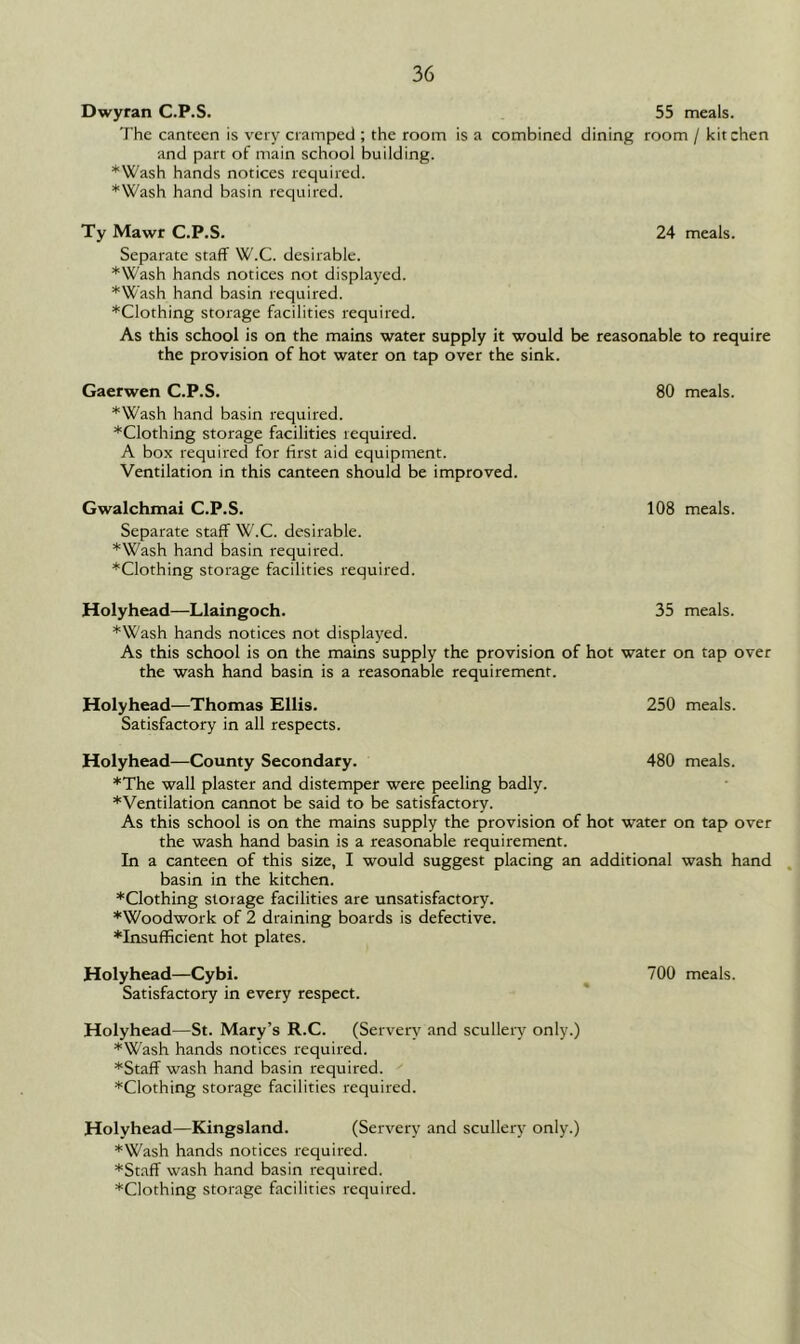 Dwyran C.P.S. 55 meals. The canteen is very cramped ; the room is a combined dining room / kitchen and part of main school building. *Wash hands notices required. ♦Wash hand basin required. Ty Mawr C.P.S. 24 meals. Separate staff W.C. desirable. ♦Wash hands notices not displayed. ♦Wash hand basin required. *Clothing storage facilities required. As this school is on the mains water supply it would be reasonable to require the provision of hot water on tap over the sink. Gaerwen C.P.S. 80 meals. ♦Wash hand basin required. *Clothing storage facilities required. A box required for first aid equipment. Ventilation in this canteen should be improved. Gwalchmai C.P.S. 108 meals. Separate staff W.C. desirable. ♦Wash hand basin required. ♦Clothing storage facilities required. Holyhead—Llaingoch. 35 meals. ♦Wash hands notices not displayed. As this school is on the mains supply the provision of hot water on tap over the wash hand basin is a reasonable requirement. Holyhead—Thomas Ellis. 250 meals. Satisfactory in all respects. Holyhead—County Secondary. 480 meals. ♦The wall plaster and distemper were peeling badly. ♦Ventilation cannot be said to be satisfactory. As this school is on the mains supply the provision of hot water on tap over the wash hand basin is a reasonable requirement. In a canteen of this size, I would suggest placing an additional wash hand basin in the kitchen. ♦Clothing storage facilities are unsatisfactory. *Woodwork of 2 draining boards is defective. ♦Insufficient hot plates. Holyhead—Cybi. 700 meals. Satisfactory in every respect. Holyhead—St. Mary’s R.C. (Servery and scullery only.) ♦Wash hands notices required. ♦Staff wash hand basin required. ♦Clothing storage facilities required. Holyhead—Kingsland. (Servery and scullery only.) ♦Wash hands notices required. ♦Staff wash hand basin required.