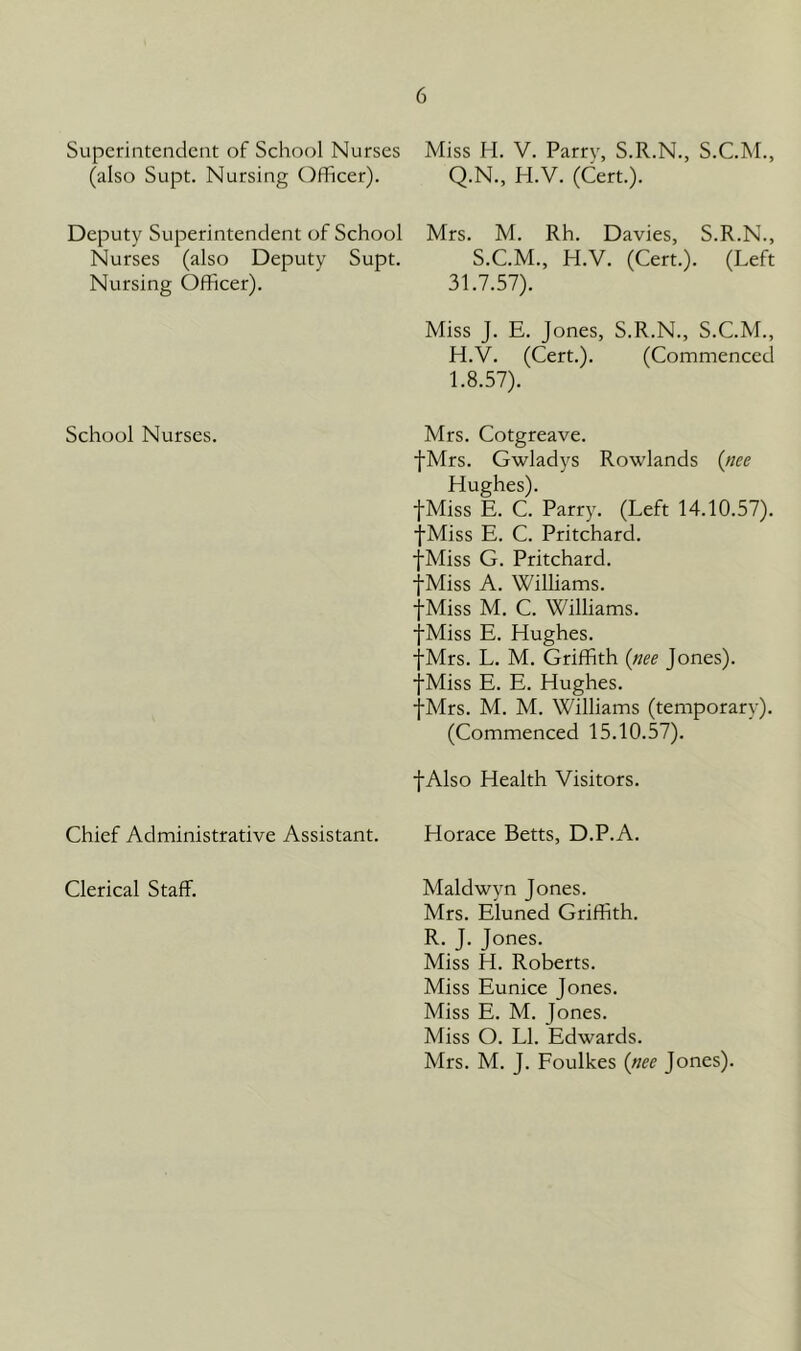 Superintendent of School Nurses Miss H. V. Parry, S.R.N., S.C.M., (also Supt. Nursing (i)fficer). Q-N., H.V. (Cert.). Deputy Superintendent of School Mrs. M. Rh. Davies, S.R.N., Nurses (also Deputy Supt. S.C.M., H.V. (Cert.). (Left Nursing Officer). 31.7.57). Miss J. E. Jones, S.R.N., S.C.M., H. V. (Cert.). (Commenced I. 8.57). School Nurses. Mrs. Cotgreave. fMrs. Gwladys Rowlands {iice Hughes). fMiss E. C. Parry. (Left 14.10.57). fMiss E. C. Pritchard. fMiss G. Pritchard. fMiss A. Wilhams. fMiss M. C. Williams. fMiss E. Hughes. fMrs. L. M. Griffith {nee Jones). fMiss E. E. Hughes. fMrs. M. M. Williams (temporary). (Commenced 15.10.57). f Also Health Visitors. Chief Administrative Assistant. Horace Betts, D.P.A. Clerical Staff. Maldwyn Jones. Mrs. Eluned Griffith. R. J. Jones. Miss H. Roberts. Miss Eunice Jones. Miss E. M. Jones. Miss O. LI. Edwards. Mrs. M. J. Foulkes {nee Jones).