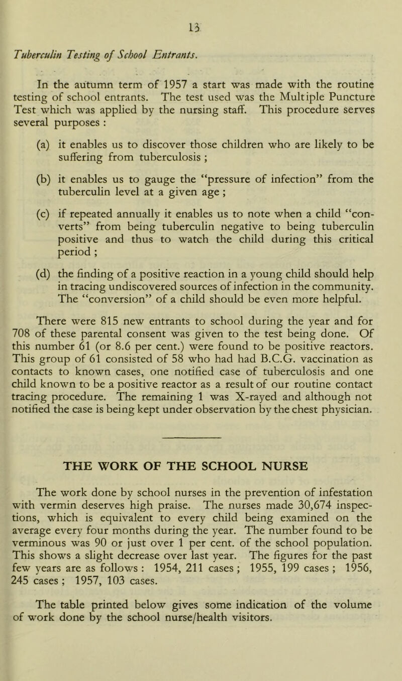 B Tuberculin Testing of School Entrants. In the autumn term of 1957 a start was made with the routine testing of school entrants. The test used was the Multiple Puncture Test which was applied by the nursing staff. This procedure serves several purposes : (a) it enables us to discover those children who are likely to be suffering from tuberculosis ; (b) it enables us to gauge the “pressure of infection” from the tuberculin level at a given age ; (c) if repeated annually it enables us to note when a child “con- verts” from being tuberculin negative to being tuberculin positive and thus to watch the child during this critical period ; (d) the finding of a positive reaction in a young child should help in tracing undiscovered sources of infection in the community. The “conversion” of a child should be even more helpful. There were 815 new entrants to school during the year and for 708 of these parental consent was given to the test being done. Of this number 61 (or 8.6 per cent.) were found to be positive reactors. This group of 61 consisted of 58 who had had B.C.G. vaccination as contacts to known cases, one notified case of tuberculosis and one child known to be a positive reactor as a result of our routine contact tracing procedure. The remaining 1 was X-rayed and although not notified the case is being kept under observation by the chest physician. THE WORK OF THE SCHOOL NURSE The work done by school nurses in the prevention of infestation with vermin deserves high praise. The nurses made 30,674 inspec- tions, which is equivalent to every child being examined on the average every four months during the year. The number found to be verminous was 90 or just over 1 per cent, of the school population. This shows a slight decrease over last year. The figures for the past few years are as follows : 1954, 211 cases ; 1955, 199 cases ; 1956, 245 cases ; 1957, 103 cases. The table printed below gives some indication of the volume of work done by the school nurse/health visitors.