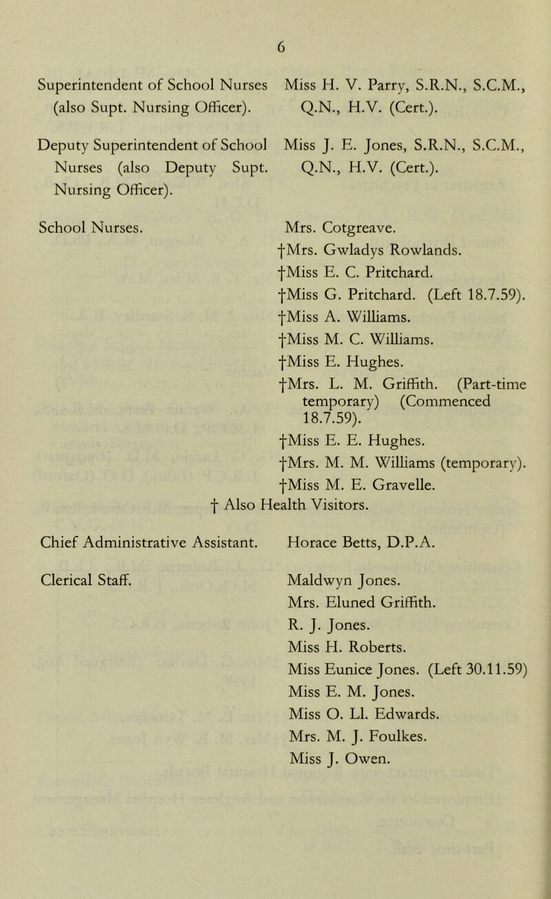 Superintendent of School Nurses Miss H. V. Parry, S.R.N., S.C.M., (also Supt. Nursing Officer). Q.N., H.V. (Cert.). Deputy Superintendent of School Miss J. E. Jones, S.R.N., S.C.M., Nurses (also Deputy Supt. Q-N., H.V. (Cert.). Nursing Officer). School Nurses. Mrs. Cotgreave. fMrs. Gwladys Rowlands. fMiss E. C. Pritchard. fMiss G. Pritchard. (Left 18.7.59). fMiss A. Williams. fMiss M. C. Williams. fMiss E. Hughes. fMrs. L. M. Griffith. (Part-time temporary) (Commenced 18.7.59). fMiss E. E. Hughes. fMrs. M. M. Williams (temporary). fMiss M. E. Gravelle. f Also Health Visitors. Chief Administrative Assistant. Horace Betts, D.P.A. Clerical Staff. Maldwyn Jones. Mrs. Eluned Griffith. R. J. Jones. Miss H. Roberts. Miss Eunice Jones. (Left 30.11.59) Miss E. M. Jones. Miss O. LI. Edwards. Mrs. M. J. Foulkes. Miss J. Owen.