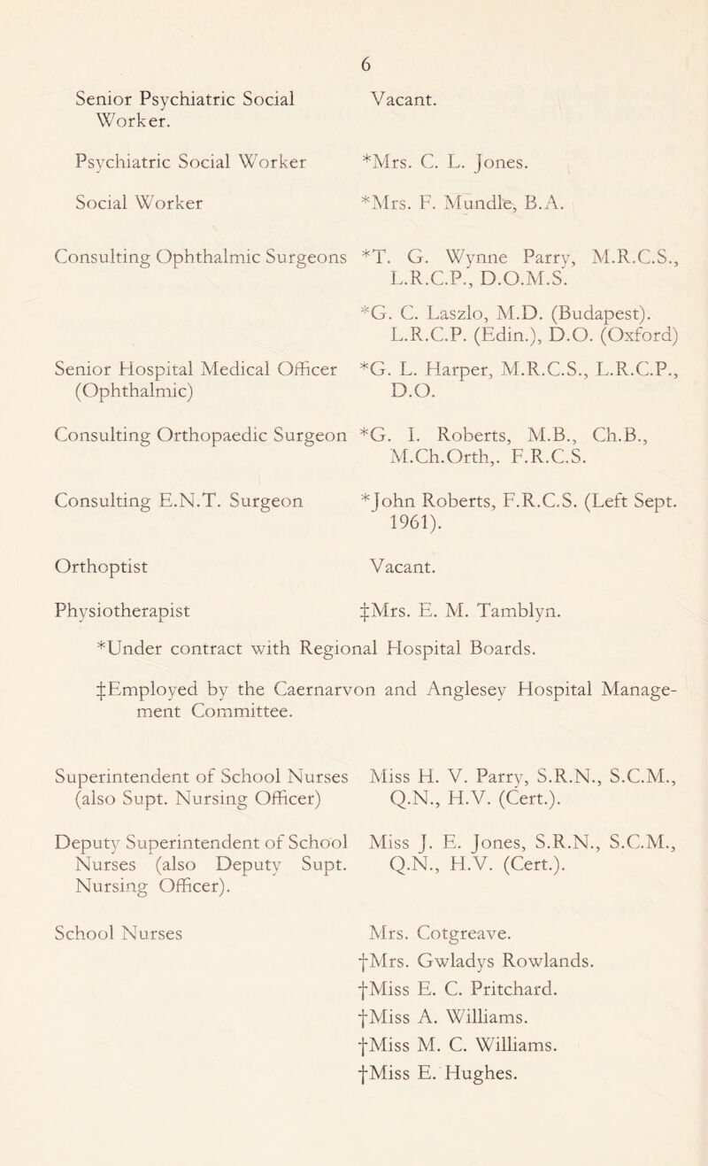 Senior Psychiatric Social Worker. Psychiatric Social Worker Social Worker Consulting Ophthalmic Surgeons Senior Hospital Medical Officer (Ophthalmic) Vacant. *Mrs. C. L. Jones. *Mrs. F. Mundle, B.A. *T. G. Wynne Parry, M.R.C.S., L.R.C.P., D.O.M.S. *G. C. Laszlo, M.D. (Budapest). L.R.C.P. (Edin.), D.O. (Oxford) *G. L. Harper, M.R.C.S., L.R.C.P., D.O. Consulting Orthopaedic Surgeon *G. I. Roberts, M.B., Ch.B., M.Ch.Orth,. F.R.C.S. Consulting E.N.T. Surgeon *John Roberts, F.R.C.S. (Left Sept. 1961). Orthoptist Vacant. Physiotherapist fMrs. E. M. Tamblyn. *Under contract with Regional Flospital Boards. ^Employed by the Caernarvon and Anglesey Hospital Manage¬ ment Committee. Superintendent of School Nurses (also Supt. Nursing Officer) Deputy Superintendent of School Nurses (also Deputy Supt. Nursing Officer). School Nurses Miss H. V. Parry, S.R.N., S.C.M., Q.N., H.V. (Cert.). Miss J. E. Jones, S.R.N., S.C.M., Q.N., H.V. (Cert.). Mrs. Cotgreave. fMrs. Gwladys Rowlands. fMiss E. C. Pritchard. fMiss A. Williams. fMiss M. C. Williams. fMiss E. Hughes.