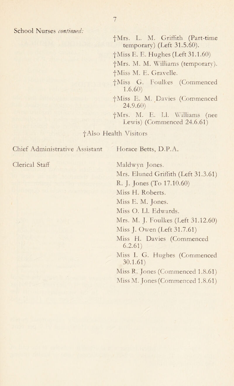 T School Nurses continued: fMrs. L. M. Griffith (Part-time temporary) (Left 31.5,60). fMiss E. E. Hughes (Left 31.1.60) fMrs. M. M. Williams (temporary). fMiss M. E. Gravelle. fMiss G. Foulkes (Commenced 1.6.60) fMiss E. M. Davies (Commenced 24.9.60) fMrs. M. E. LI. Williams (nee Lewis) (Commenced 24.6.61) f Also Health Visitors Chief Administrative Assistant Horace Betts, D.P.A. Clerical Staff Maldwyn Jones. Mrs. Eluned Griffith (Left 31.3.61) R. j. Jones (To 17.10.60) Miss H. Roberts. Miss E. M. Jones. Miss O. LI. Edwards. Mrs. M. J. Foulkes (Left 31.12.60) Miss J. Owen (Left 31.7.61) Miss H. Davies (Commenced 6.2.61) Miss I. G. Hughes (Commenced 30.1.61) Miss R. Jones (Commenced 1.8.61) Miss M. Jones (Commenced 1.8.61)