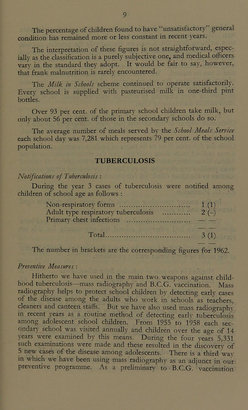 The percentage of children found to have unsatisfactory general condition has remained more or less constant in recent years. The interpretation of these figures is not straightforward, espec- ially as the classification is a purely subjective one, and medical officers vary in the standard they adopt. It would be fair to say, however, that frank malnutrition is rarely encountered. The Milk in Schools scheme continued to operate satisfactorily. Every school is supplied with pasteurised milk in one-third pint bottles. Over 93 per cent, of the primary school children take milk, but only about 56 per cent, of those in the secondary schools do so. The average number of meals served by the School Meals Service each school day was 7,281 which represents 79 per cent, of the school population. TUBERCULOSIS Notifications of Tuberculosis : During the year 3 cases of tuberculosis were notified among children of school age as follows : Non-respiratory forms 1 (1) Adult type respiratory tuberculosis 2 (-) Primary chest infections Total 3 (1) The number in brackets are the corresponding figures for 1962. Preventive Measures.: . Hitherto we have used in the main two weapons against child- hood tuberculosis—mass radiography and B.C.G. vaccination. Mass radiography helps to protect school children by detecting early cases of the disease among the adults who work in schools as teachers, cleaners and canteen staffs. But we have also used mass radiography in recent years as a routine method of detecting early tuberculosis among adolescent school children. From 1955 to 1958 each sec- ondary school was visited annually and children over the age of 14 years were examined by this means. During the four years 5,331 such examinations were made and these resulted in the discovery of 5 new cases of the disease among adolescents. There is a third way in which we have been using mass radiography as an adjunct in our preventive programme. As a preliminary to B.C.G. vaccination