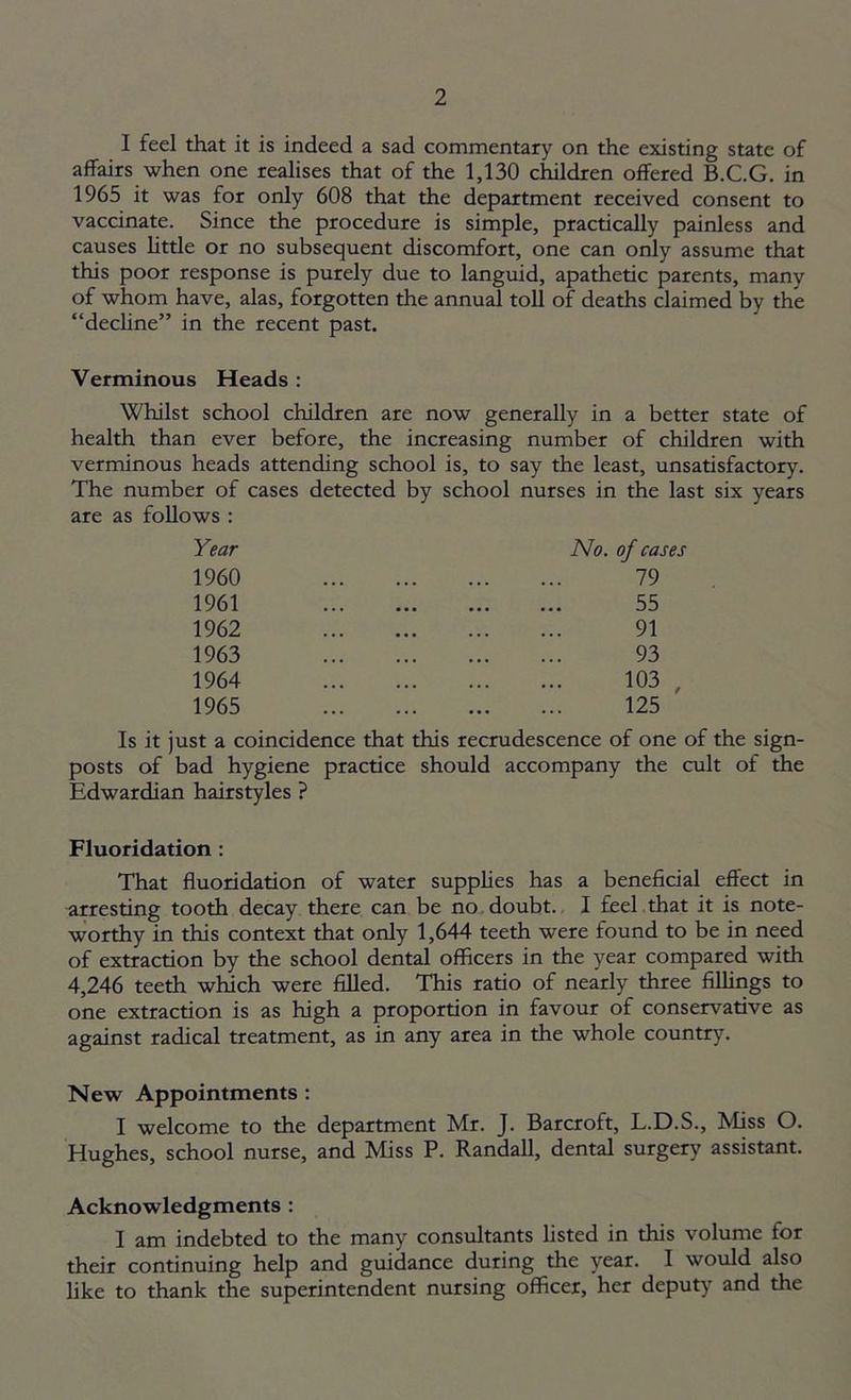 1 feel that it is indeed a sad commentary on the existing state of affairs when one realises that of the 1,130 children offered B.C.G. in 1965 it was for only 608 that the department received consent to vaccinate. Since the procedure is simple, practically painless and causes little or no subsequent discomfort, one can only assume that this poor response is purely due to languid, apathetic parents, many of whom have, alas, forgotten the annual toll of deaths claimed by the “decline” in the recent past. Verminous Heads : Whilst school children are now generally in a better state of health than ever before, the increasing number of children with verminous heads attending school is, to say the least, unsatisfactory. The number of cases detected by school nurses in the last six years are as follows : Year 1960 1961 1962 1963 1964 1965 No. of cases 79 55 91 93 103 , 125 Is it just a coincidence that this recrudescence of one of the sign- posts of bad hygiene practice should accompany the cult of the Edwardian hairstyles ? Fluoridation : That fluoridation of water supplies has a beneficial effect in arresting tooth decay there can be no doubt. I feel that it is note- worthy in this context that only 1,644 teeth were found to be in need of extraction by the school dental officers in the year compared with 4,246 teeth which were filled. This ratio of nearly three fillings to one extraction is as high a proportion in favour of conservative as against radical treatment, as in any area in the whole country. New Appointments: I welcome to the department Mr. J. Barcroft, L.D.S., Miss O. Hughes, school nurse, and Miss P. Randall, dental surgery assistant. Acknowledgments : I am indebted to the many consultants listed in this volume for their continuing help and guidance during the year. I would also like to thank the superintendent nursing officer, her deputy and the