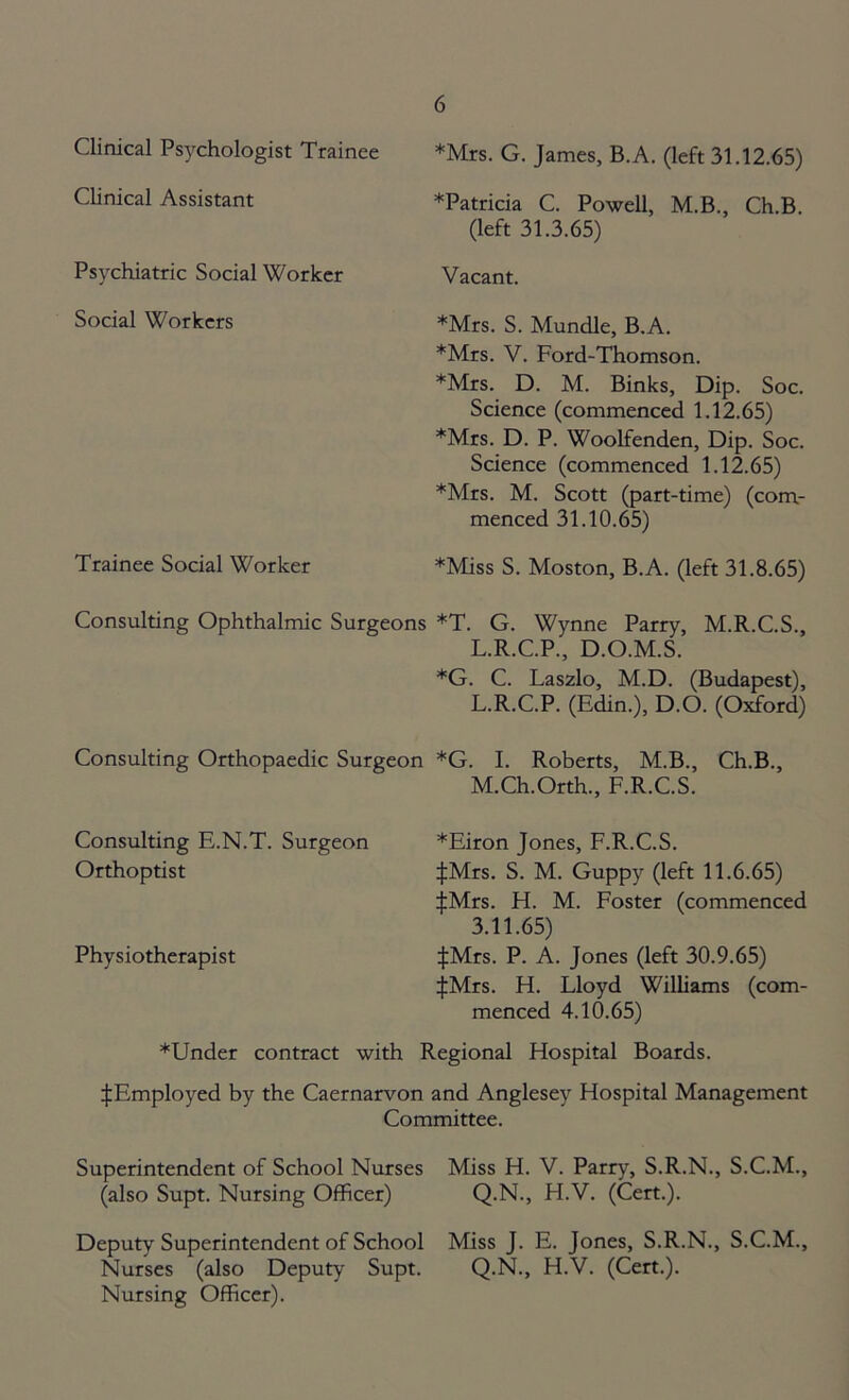 Clinical Psychologist Trainee Clinical Assistant Psychiatric Social Worker Social Workers Trainee Social Worker 6 *Mrs. G. James, B.A. (left 31.12.65) ^Patricia C. Powell, M.B., Ch.B. (left 31.3.65) Vacant. *Mrs. S. Mundle, B.A. *Mrs. V. Ford-Thomson. *Mrs. D. M. Binks, Dip. Soc. Science (commenced 1.12.65) *Mrs. D. P. Woolfenden, Dip. Soc. Science (commenced 1.12.65) *Mrs. M. Scott (part-time) (com- menced 31.10.65) *Miss S. Moston, B.A. (left 31.8.65) Consulting Ophthalmic Surgeons *T. G. Wynne Parry, M.R.C.S., L.R.C.P., D.O.M.S. *G. C. Laszlo, M.D. (Budapest), L. R.C.P. (Edin.), D.O. (Oxford) Consulting Orthopaedic Surgeon *G. I. Roberts, M.B., Ch.B., M. Ch.Orth., F.R.C.S. Consulting E.N.T. Surgeon *Eiron Jones, F.R.C.S. Orthoptist ^Mrs. S. M. Guppy (left 11.6.65) J;Mrs. H. M. Foster (commenced 3.11.65) Physiotherapist ^Mrs. P. A. Jones (left 30.9.65) JrMrs. H. Lloyd Williams (com- menced 4.10.65) *Under contract with Regional Hospital Boards. ^Employed by the Caernarvon and Anglesey Hospital Management Committee. Superintendent of School Nurses Miss H. V. Parry, S.R.N., S.C.M., (also Supt. Nursing Officer) Q.N., H.V. (Cert.). Deputy Superintendent of School Miss J. E. Jones, S.R.N., S.C.M., Nurses (also Deputy Supt. Q-N., H.V. (Cert.). Nursing Officer).