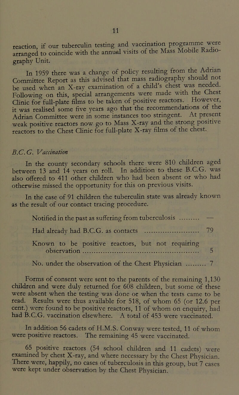 reaction, if our tuberculin testing and vaccination programme were arranged to coincide with the annual visits of the Mass Mobile Radio- graphy Unit. In 1959 there was a change of policy resulting from the Adrian Committee Report as this advised that mass radiography should not be used when an X-ray examination of a child’s chest was needed. Following on this, special arrangements were made with the Chest Clinic for full-plate films to be taken of positive reactors. However, it was realised some five years ago that the recommendations of the Adrian Committee were in some instances too stringent. At present weak positive reactors now go to Mass X-ray and the strong positive reactors to the Chest Clinic for full-plate X-ray films of the chest. B.C. G. Vaccination In the county secondary schools there were 810 children aged between 13 and 14 years on roll. In addition to these B.C.G. was also offered to 411 other children who had been absent or who had otherwise missed the opportunity for this on previous visits. In the case of 91 children the tuberculin state was already known as the result of our contact tracing procedure. Notified in the past as suffering from tuberculosis — Had already had B.C.G. as contacts 79 Known to be positive reactors, but not requiring observation 5 No. under the observation of the Chest Physician 7 Forms of consent were sent to the parents of the remaining 1,130 children and were duly returned for 608 children, but some of these were absent when the testing was done or when the tests came to be read. Results were thus available for 518, of whom 65 (or 12.6 per cent.) were found to be positive reactors, 11 of whom on enquiry, had had B.C.G. vaccination elsewhere. A total of 453 were vaccinated. In addition 56 cadets of H.M.S. Conway were tested, 11 of whom were positive reactors. The remaining 45 were vaccinated. 65 positive reactors (54 school children and 11 cadets) were examined by chest X-ray, and where necessary by the Chest Physician. There were, happily, no cases of tuberculosis in this group, but 7 cases were kept under observation by the Chest Physician.