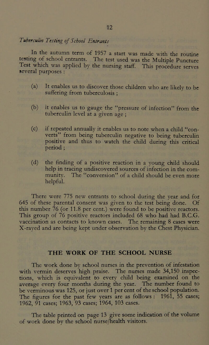 Tuberculin Testing of School Entrants In the autumn term of 1957 a start was made with the routine testing of school entrants. The test used was the Multiple Puncture Test which was applied by the nursing staff. This procedure serves several purposes : (a) It enables us to discover those children who are likely to be suffering from tuberculosis ; (b) it enables us to gauge the “pressure of infection” from the tuberculin level at a given age ; (c) if repeated annually it enables us to note when a child “con- verts” from being tuberculin negative to being tuberculin positive and thus to watch the child during this critical period ; (d) the finding of a positive reaction in a young child should help in tracing undiscovered sources of infection in the com- munity. The “conversion” of a child should be even more helpful. There were 775 new entrants to school during the year and for 645 of these parental consent was given to the test being done. Of this number 76 (or 11.8 per cent.) were found to be positive reactors. This group of 76 positive reactors included 68 who had had B.C.G. vaccination as contacts to known cases. The. remaining 8 cases were X-rayed and are being kept under observation by the Chest Physician. THE WORK OF THE SCHOOL NURSE The work done by school nurses in the prevention of infestation with vermin deserves high praise. The nurses made 34,150 inspec- tions, which is equivalent to every child being examined on the average every four months during the year. The number found to be verminous was 125, or just over 1 per cent of the school population. The figures for the past few years are as follows : 1961, 55 cases; 1962, 91 cases; 1963, 93 cases; 1964, 103 cases. The table printed on page 13 give some indication of the volume of work done by the school nurse/health visitors.