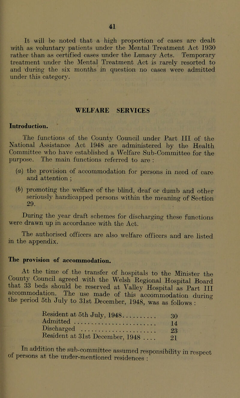 It will be noted that a high proportion of cases are dealt with as voluntary patients under the Mental Treatment Act 1930 rather than as certified cases under the Lunacy Acts. Temporary treatment under the Mental Treatment Act is rarely resorted to and during the six months in question no cases were admitted under this category. WELFARE SERVICES Introduction. The functions of the County Council under Part III of the National Assistance Act 1948 are administered by the Health Committee who have established a Welfare Sub-Committee for the purpose. The main functions referred to are : (а) the provision of accommodation for persons in need of care and attention ; (б) promoting the welfare of the blind, deaf or dumb and other seriously handicapped persons within the meaning of Section 29. During the year draft schemes for discharging these functions were drawn up in accordance with the Act. The authorised officers are also welfare officers and are listed in the appendix. The provision of accommodation. At the time of the transfer of hospitals to the Minister the County Council agreed with the Welsh Regional Hospital Board that 33 beds should be reserved at Valley Hospital as Part III accommodation. The use made of this accommodation during the period 5th July to 31st December, 1948, was as follows : Resident at 5th July, 1948 30 Admitted Discharged 23 Resident at 31st December, 1948 21 In addition the sub-committee assumed responsibility in respect oi persons at the under-mentioned residences :